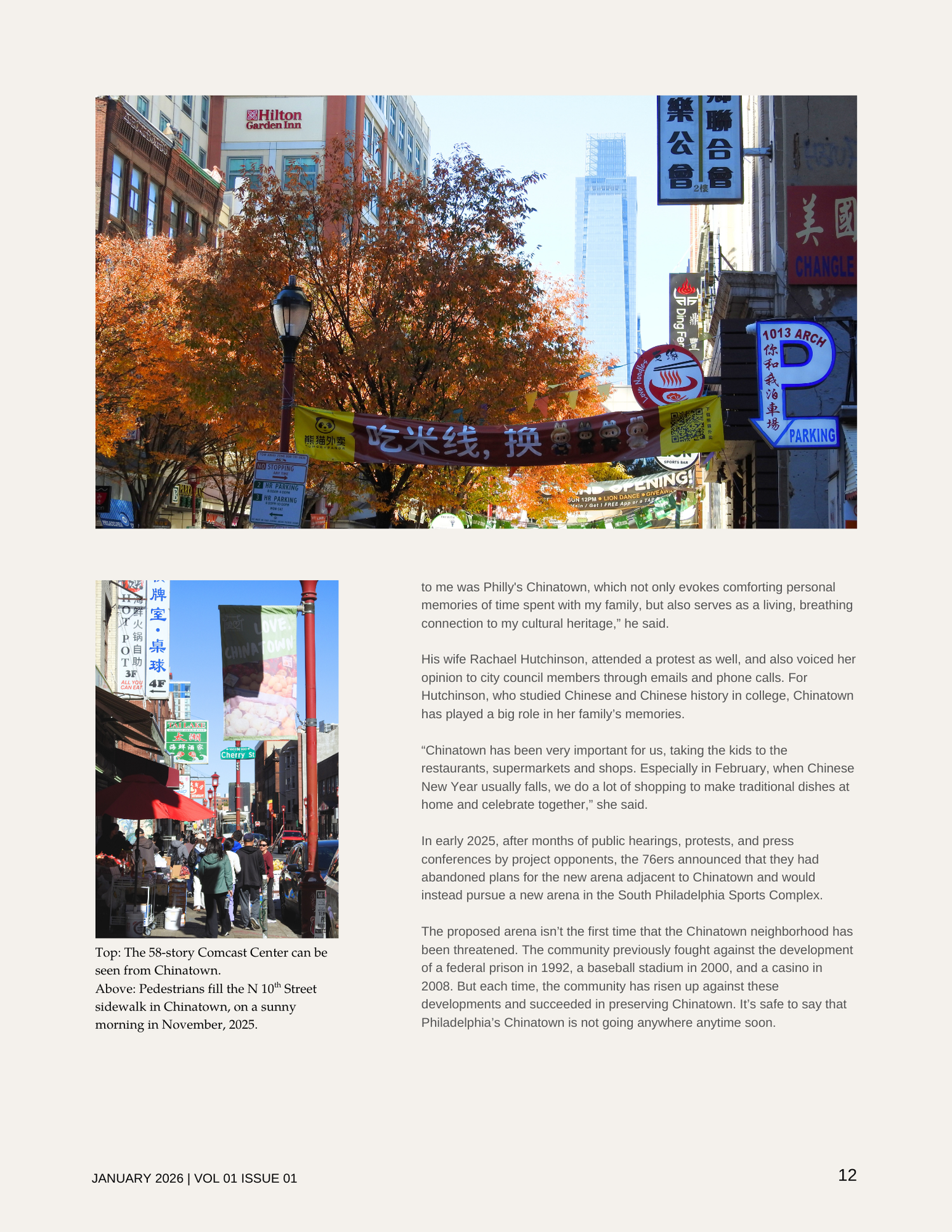 Photograph of a busy Chinatown street scene with pedestrians walking, colorful signs in Chinese and English, and a backdrop of tall buildings and autumn trees.
