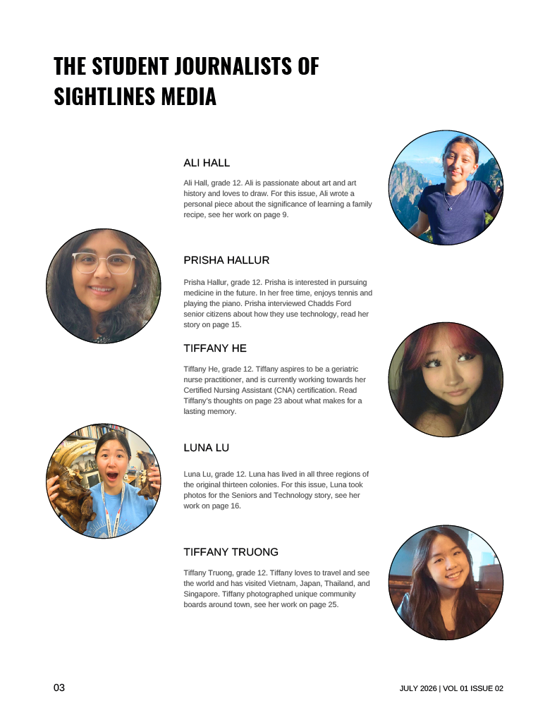 A magazine page showing two photographs of students working on a project. The top photo features four students sitting at a blue outdoor table, writing and discussing around a large sheet of paper with markers. The bottom photo shows two students sitting at a counter inside a cafe, looking at a laptop and a tablet. The magazine includes an article about student journalism and community storytelling, with a profile photograph of Sue Reno, the founder and executive director of Sightlines Media.