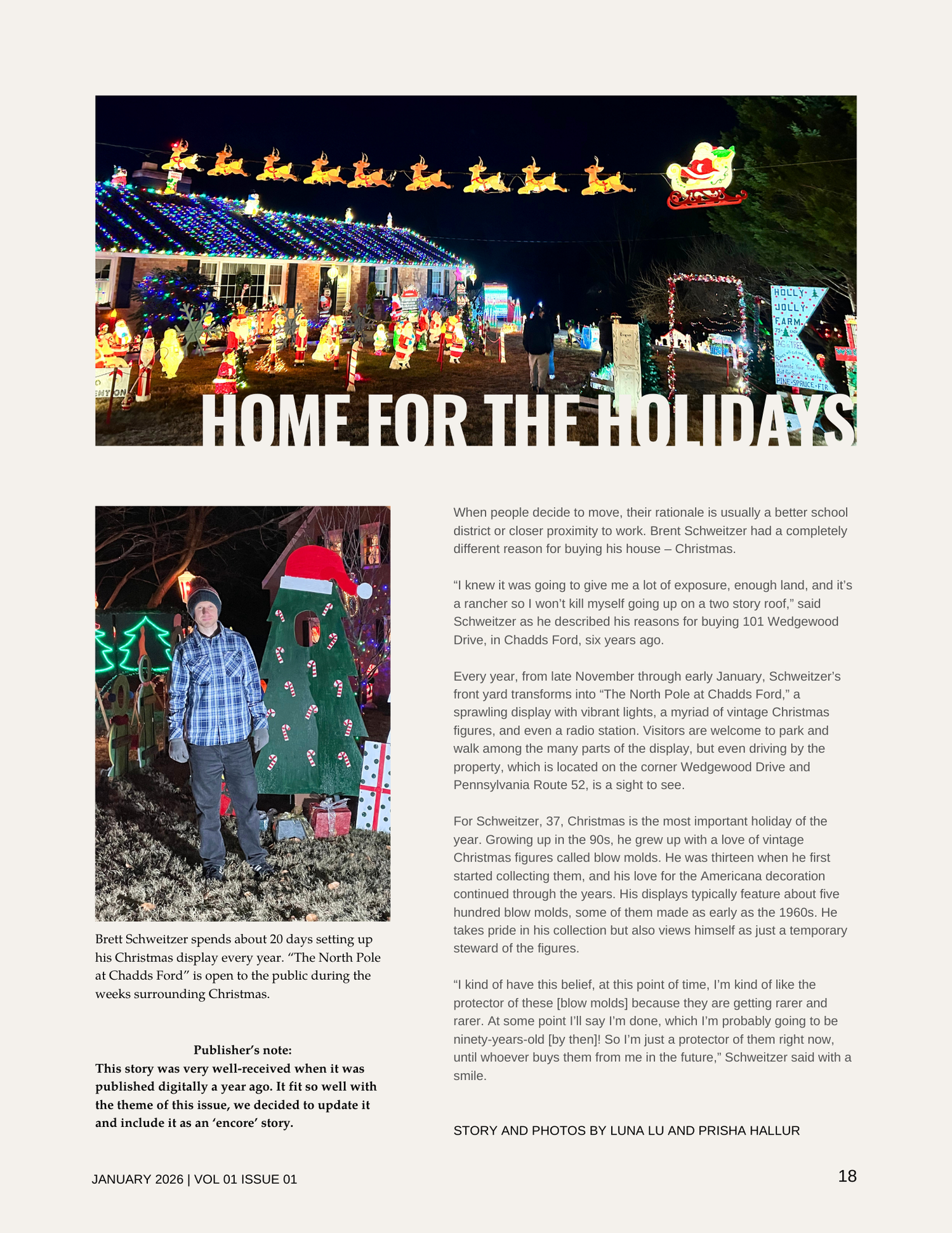 Nighttime holiday display featuring a house decorated with multicolored lights, illuminated Santa and reindeer figures hanging across the front yard, and various Christmas figures and inflatables, including Santa and snowmen, in the lawn.