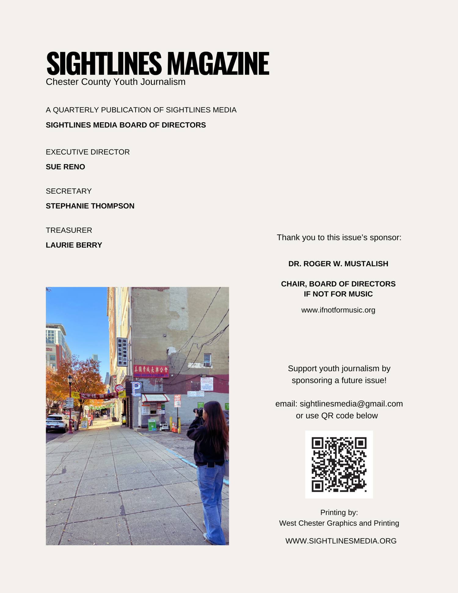 Cover page of Sightlines Magazine, featuring a photograph of a city street with trees, buildings, and a person taking a photo, along with text about the publication and sponsors, a QR code, and printing details.
