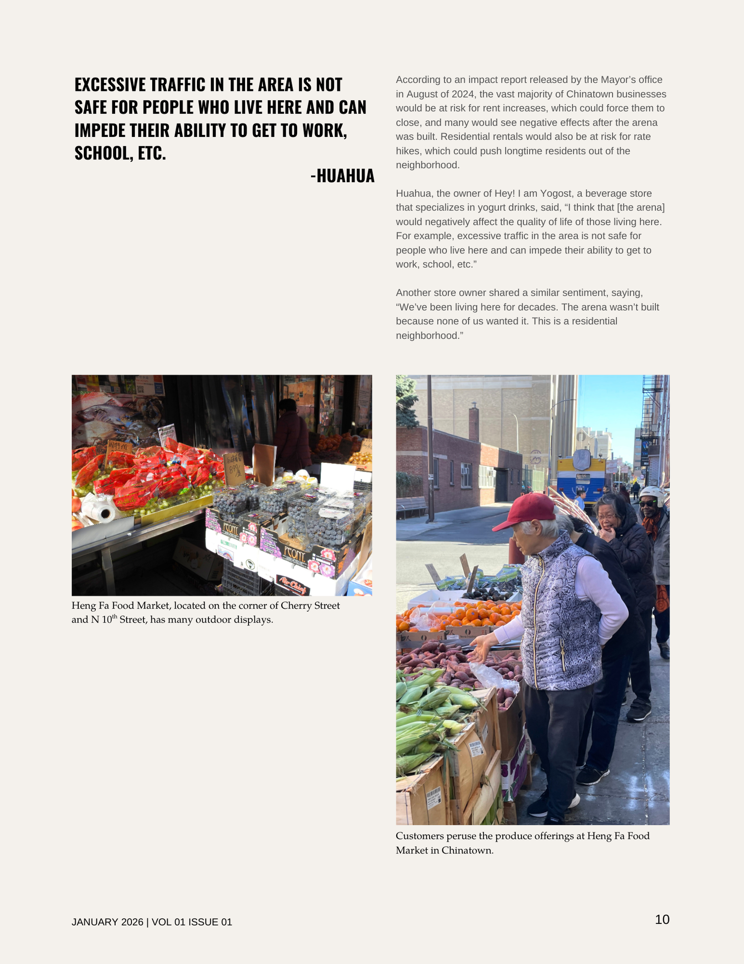 Photos of outdoor produce displays at Heng Fa Food Market on Cherry Street and N 10th Street, Chinatown, with customers browsing fruits and vegetables.
