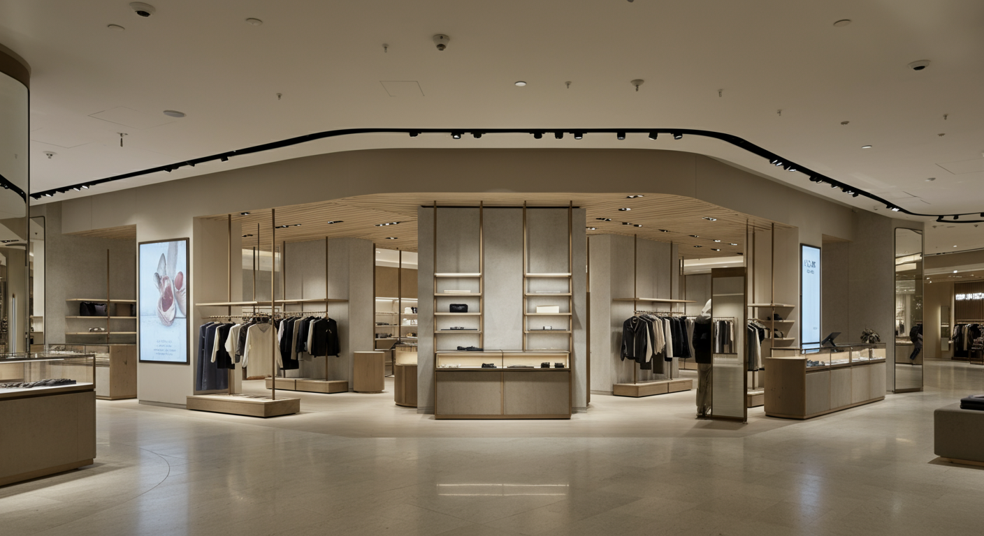 Interior view of a clothing store with display racks and shelves, illuminated by soft lighting, featuring clothing and accessories.