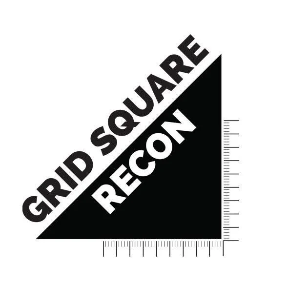 Black and white square with diagonal text reading 'Grid Square Recon' and measurement markings along the bottom and right edges.