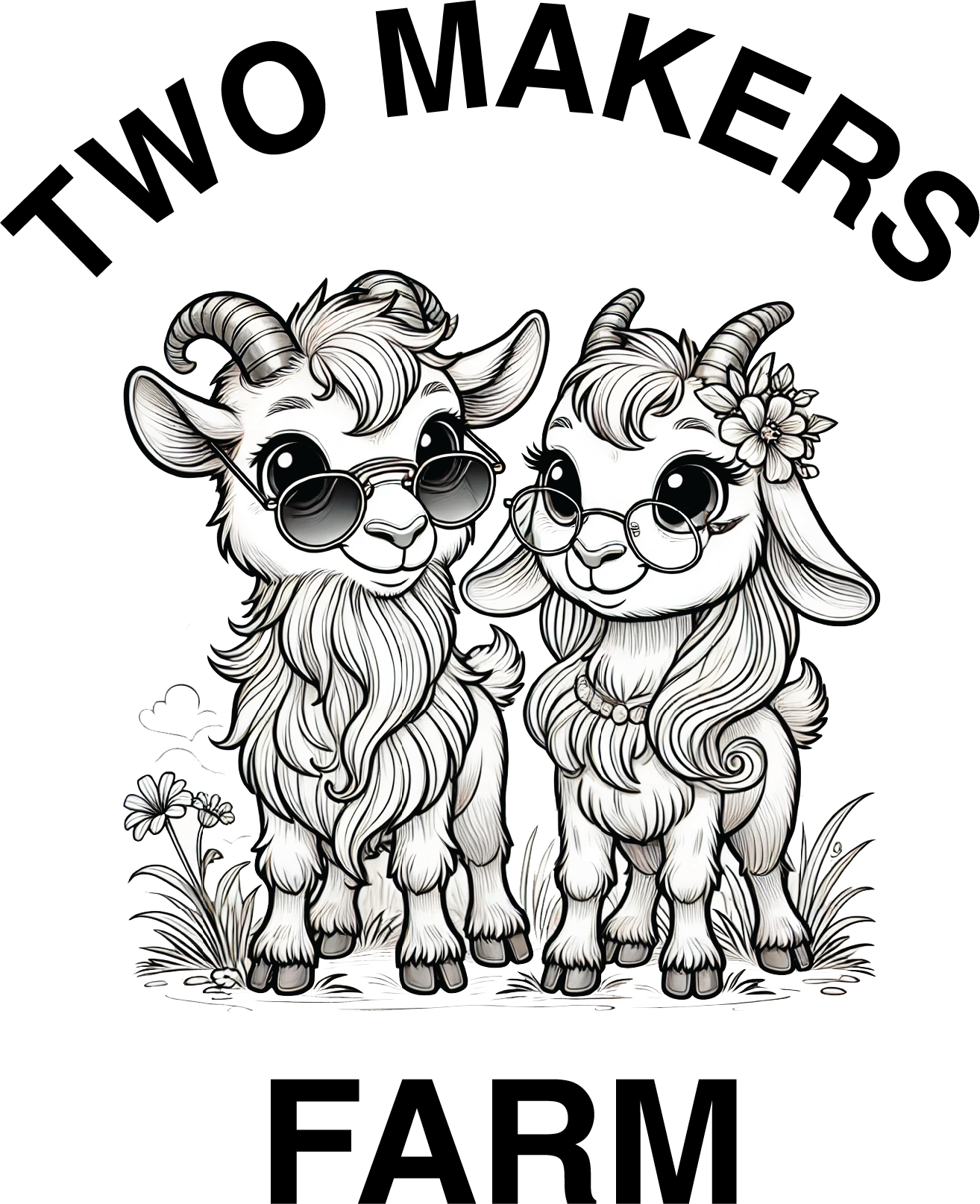 Black and white illustration of two goats wearing sunglasses, with one goat having flowers in its hair, standing on a platform with the letters 'W' partially visible below.