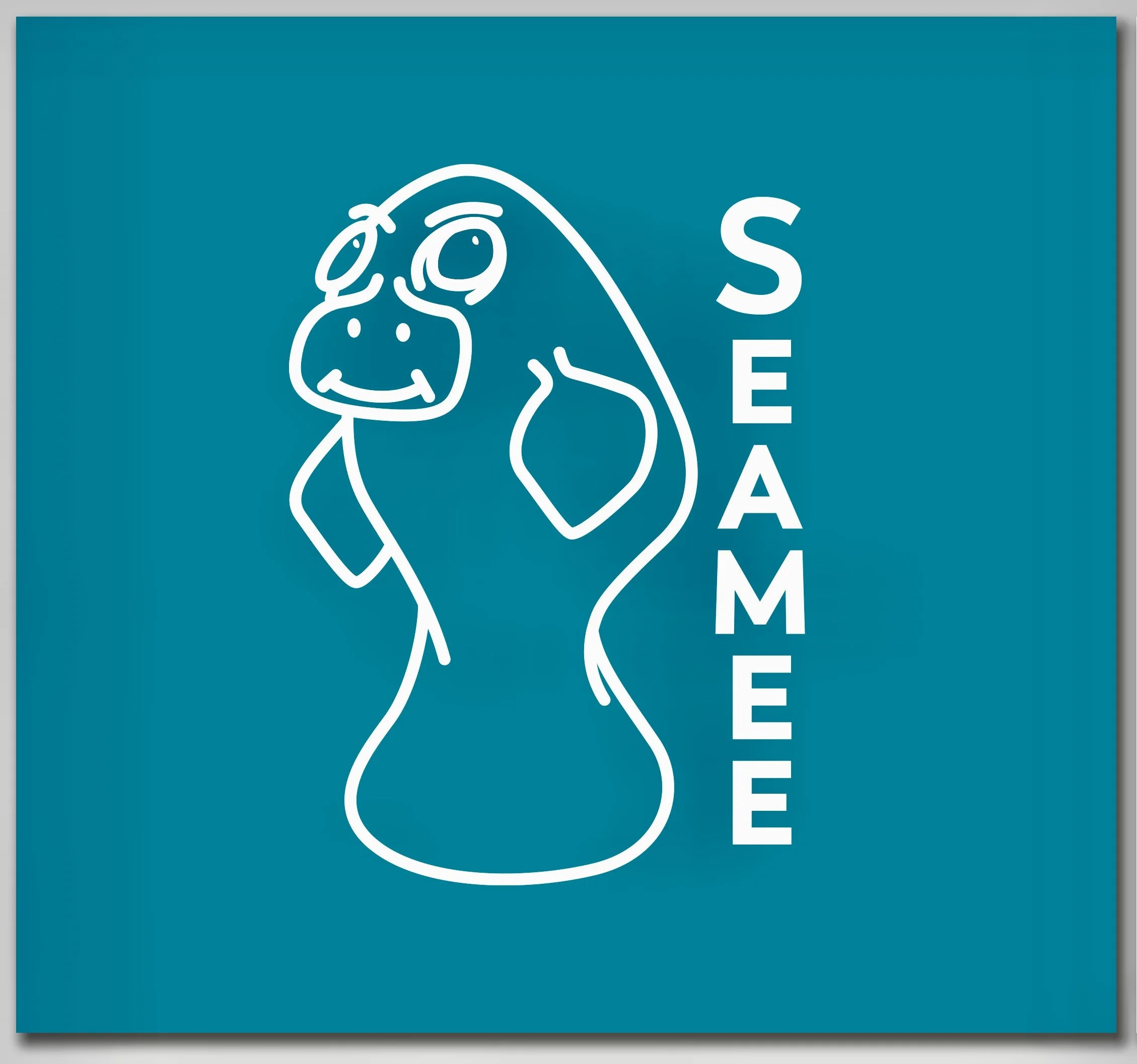A teal-colored sign with a minimalist white line drawing of a manatee and the word 'Seamee' written vertically.