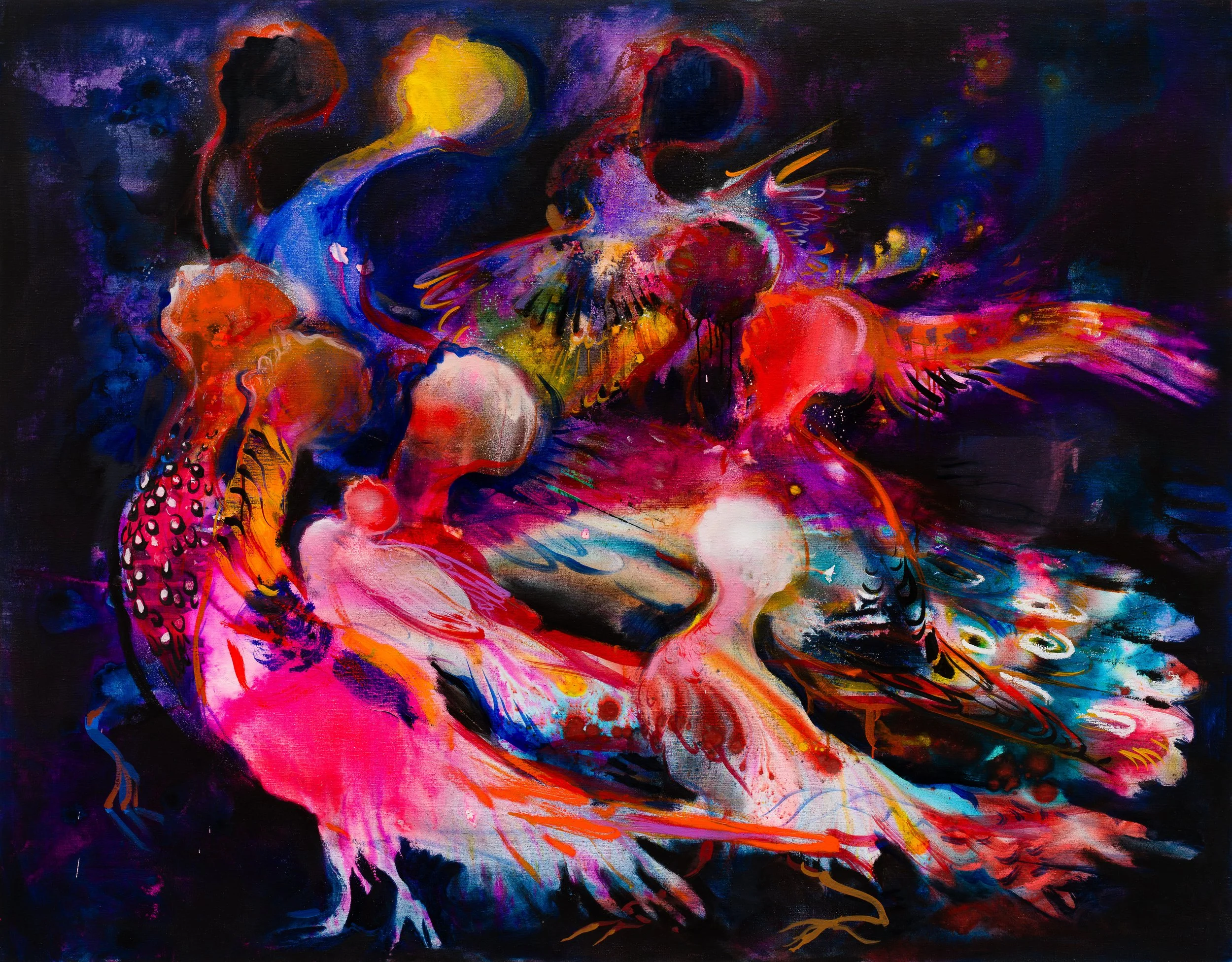 Vanity/Peacocks and Pheasants -  ink, oil,oil stick on linen 125x160cm 2025 