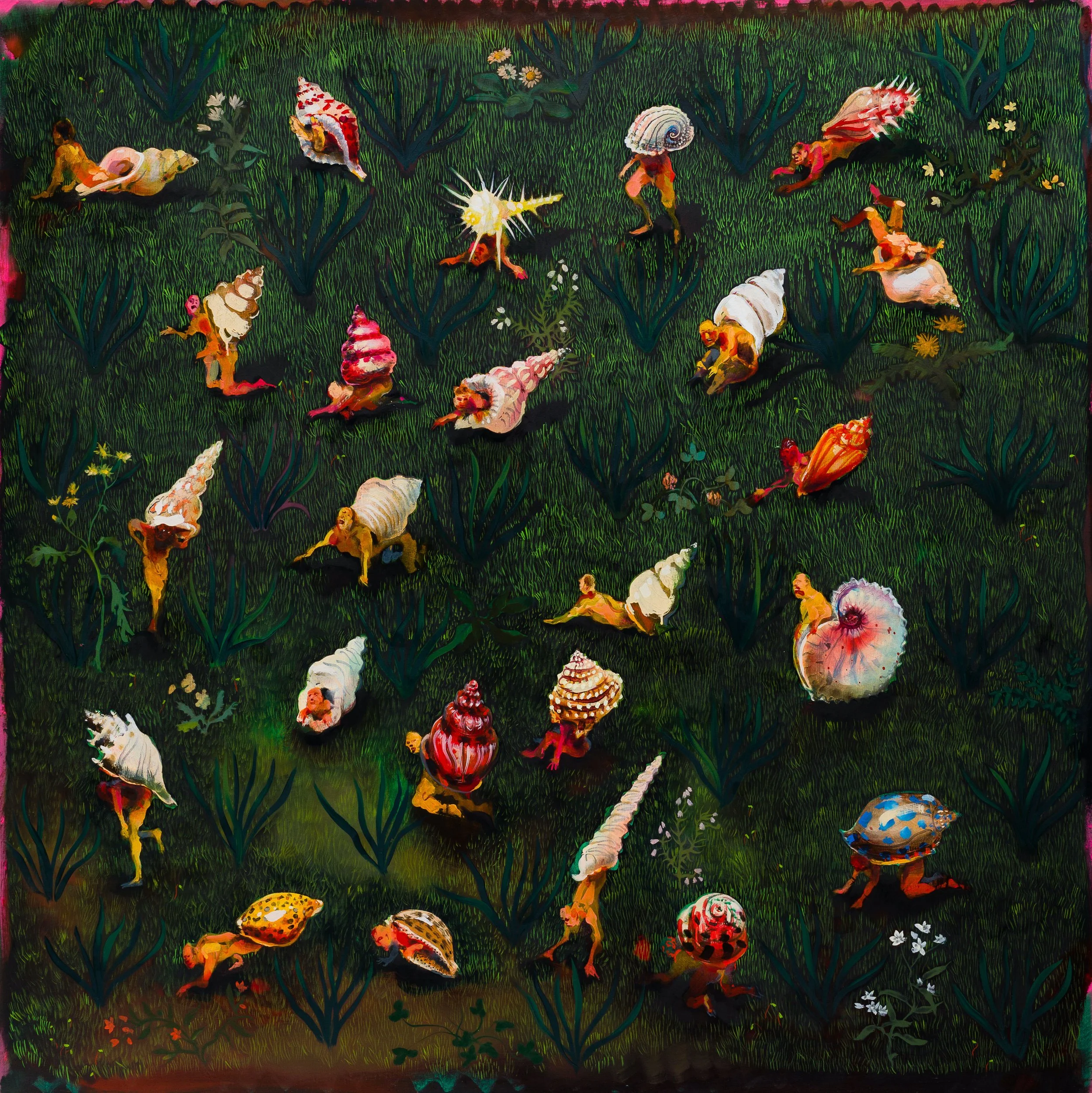 Mossy Bank with Hermits –  oil & spray paint on linen 152x152cm 2017 