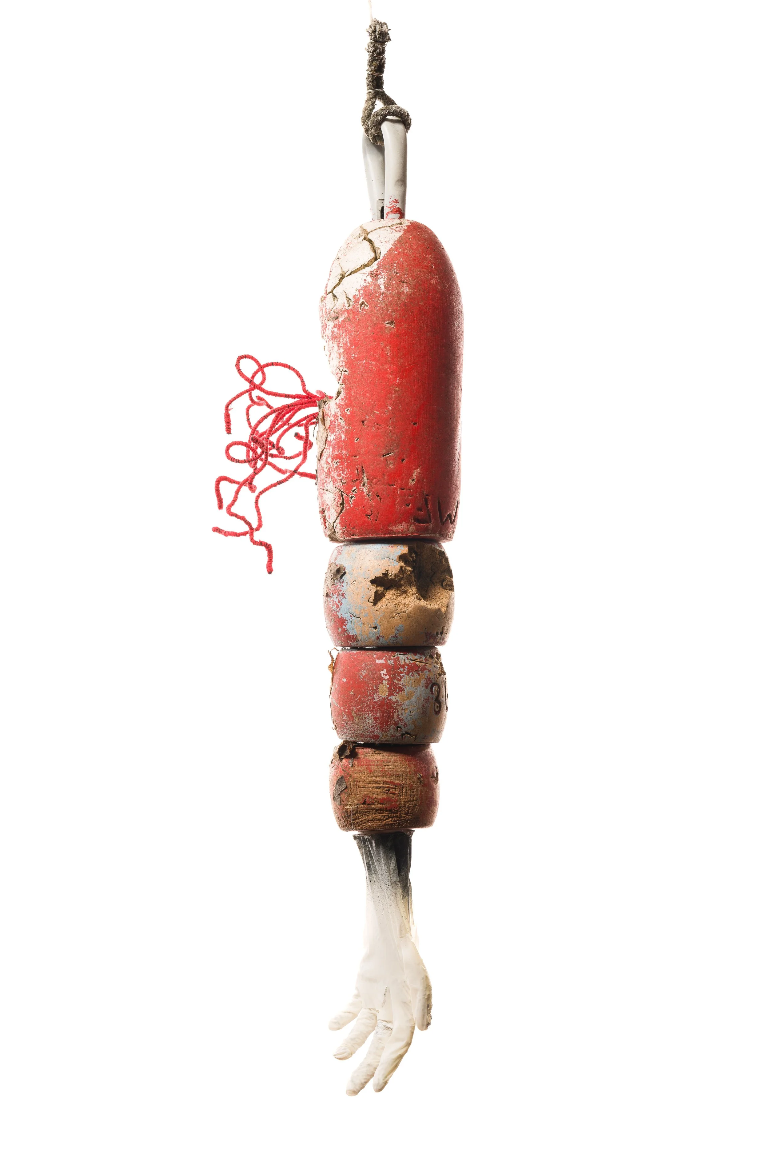 Arm (Installation detail) –  found lobster-pot marker, rope, silicon glove, spray-paint, wire, twine 2020 