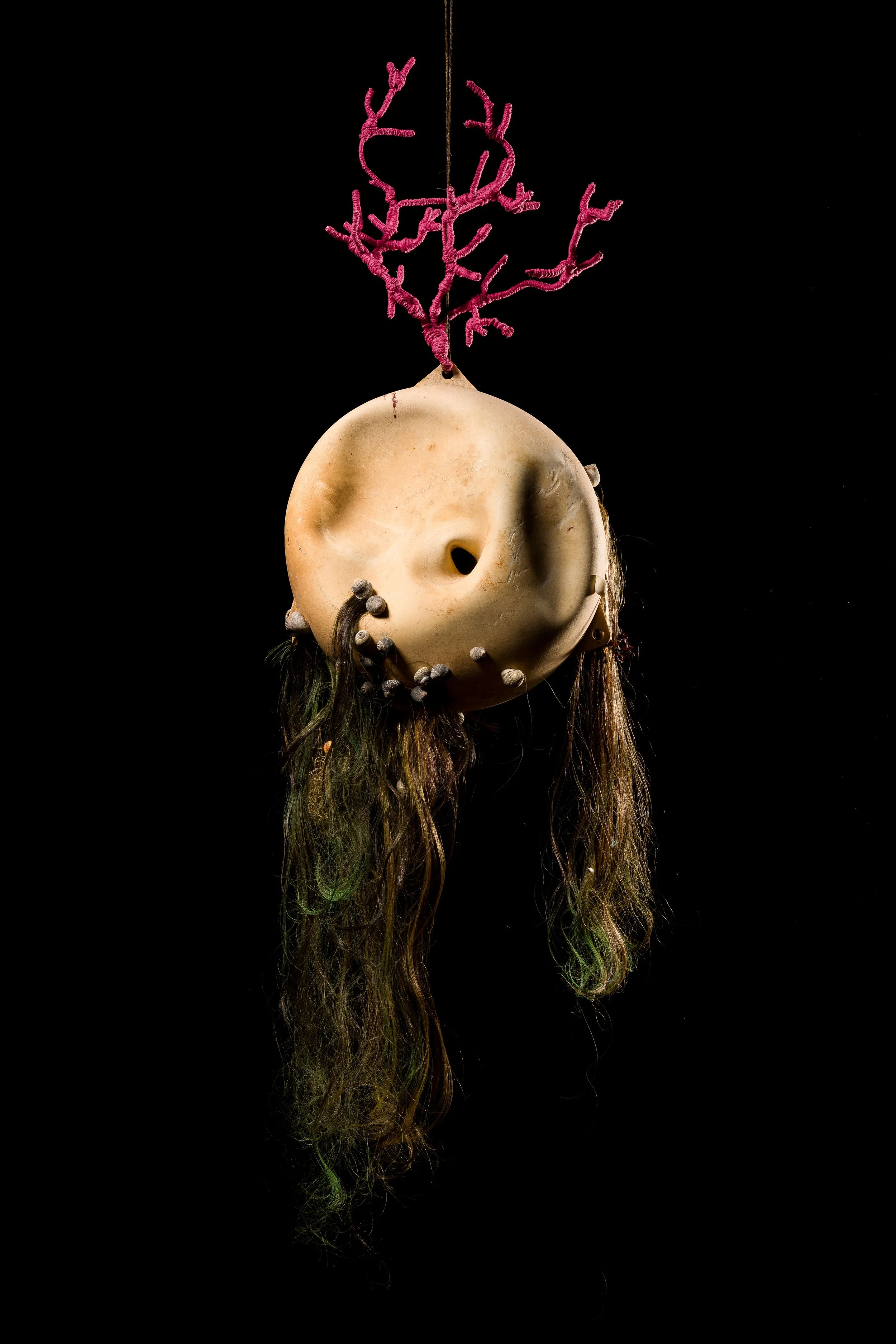 Coral Head –  found fender, fake hair, spray paint, shells, wire, twine 2020 