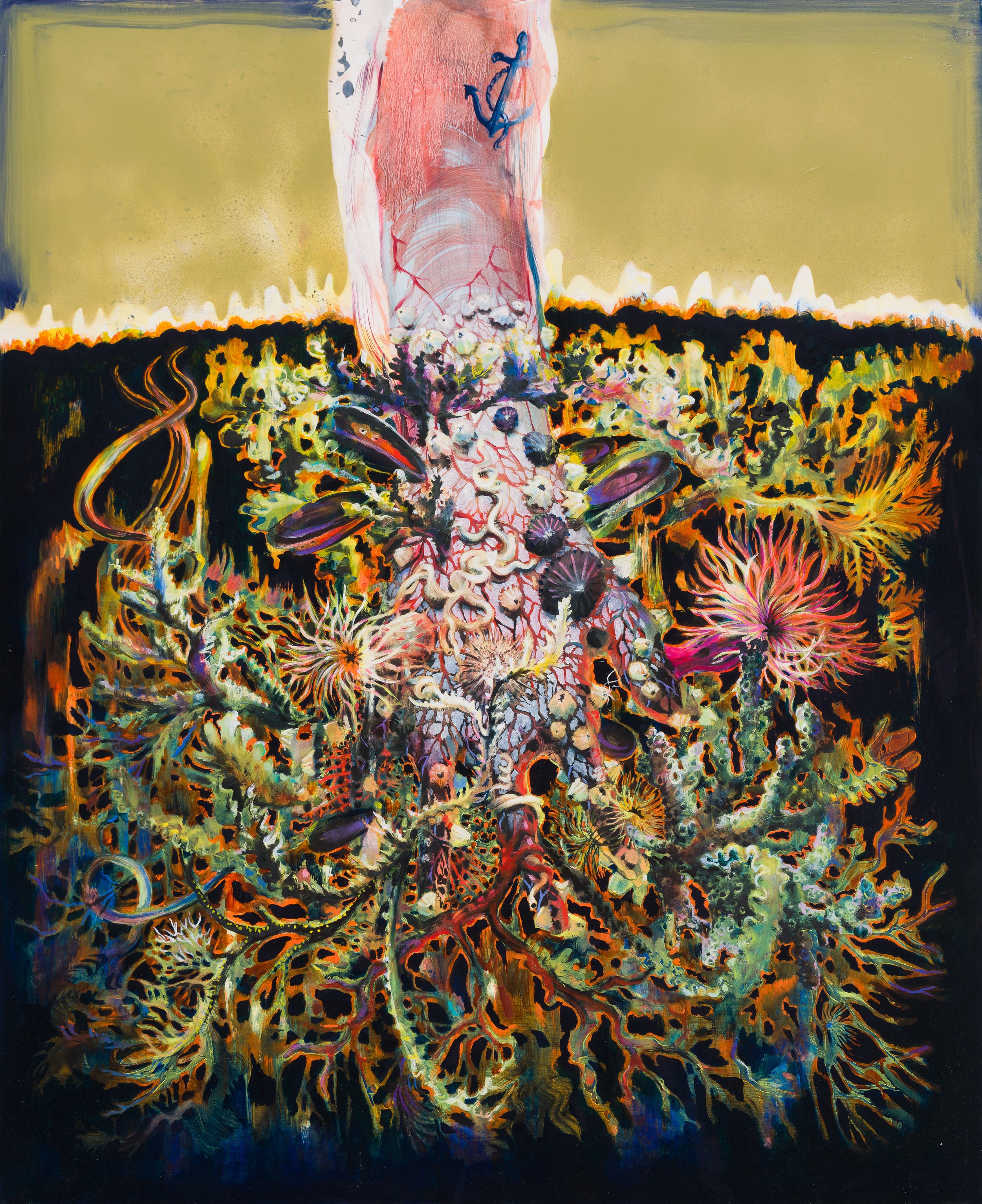Too Long at Sea –  oil, spray paint, oil stick on panel 110x90cm 2022 