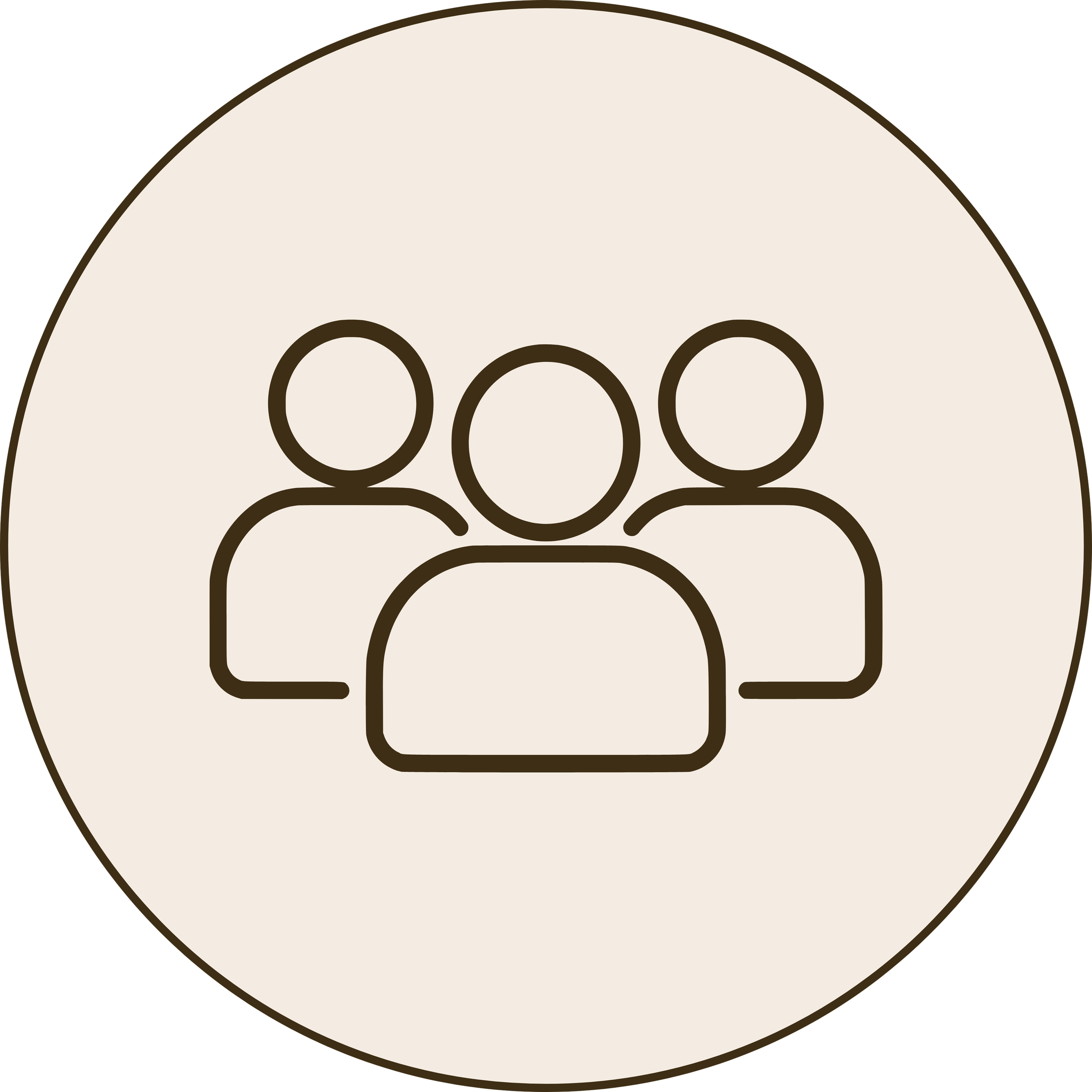 An illustration of a group of three people. The figures are drawn with minimal detail and outlined in dark brown, with the circle filled with a light beige color.