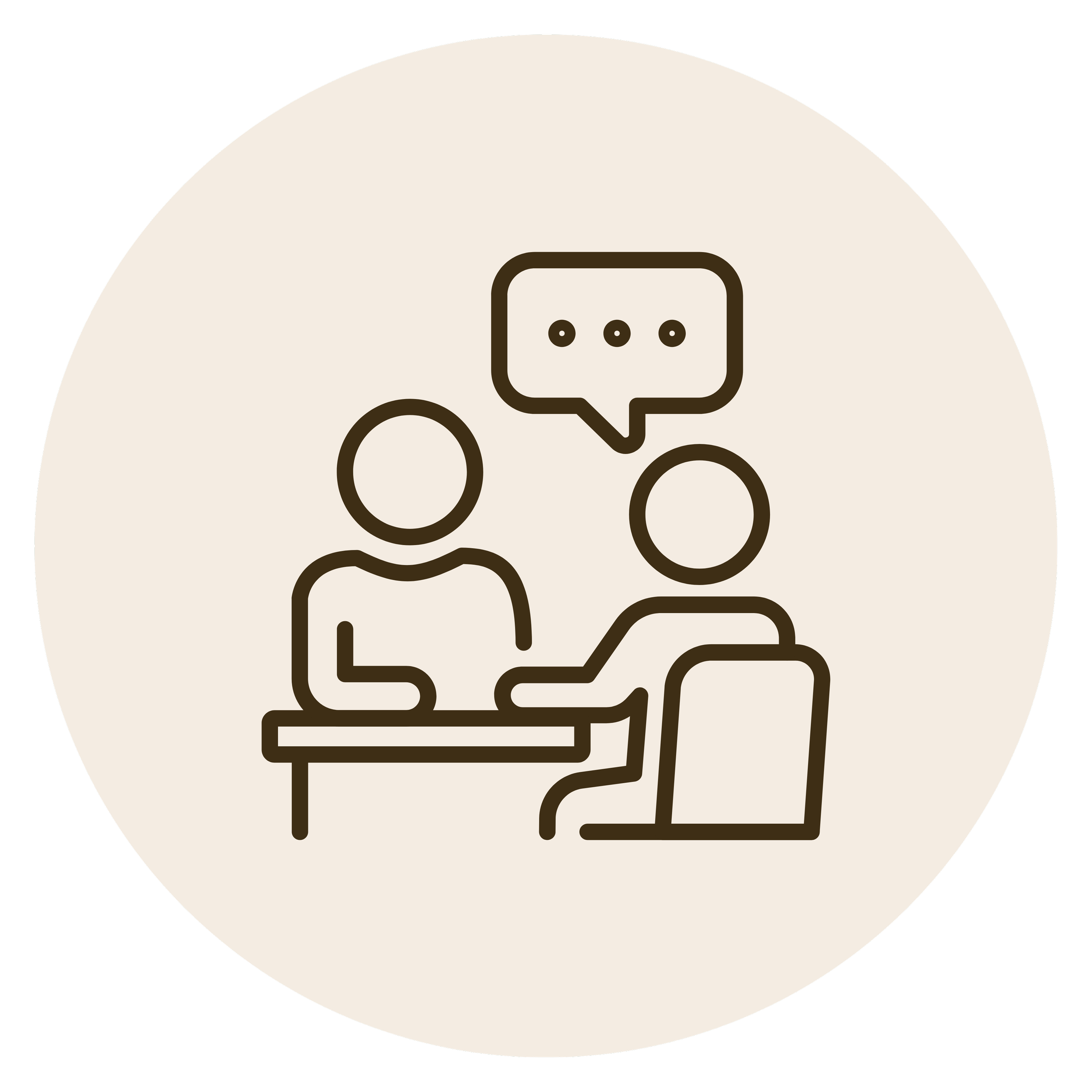 Illustration of a person using a laptop with a speech bubble containing three dots, indicating chatting or messaging, depicted with simple line art inside a circular background.