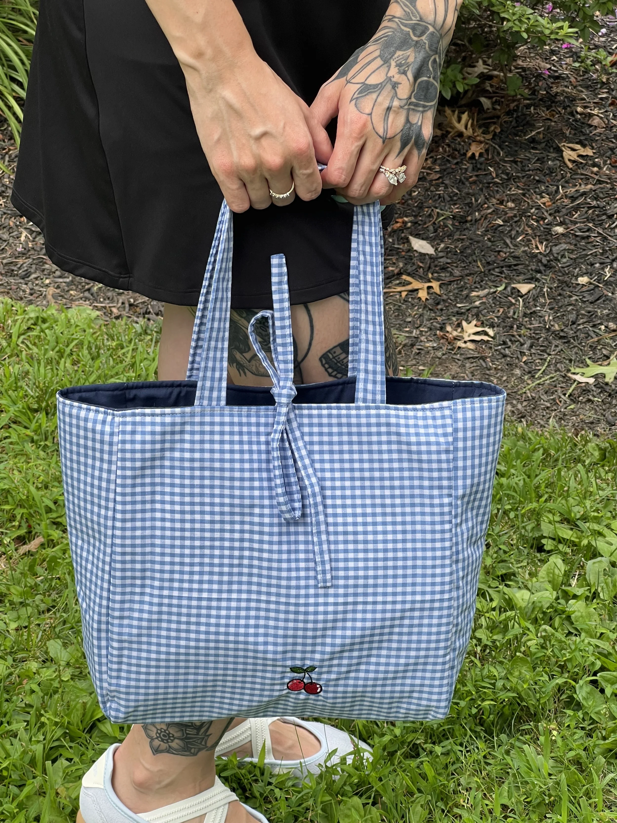 Blue checkered tote with a little cherry