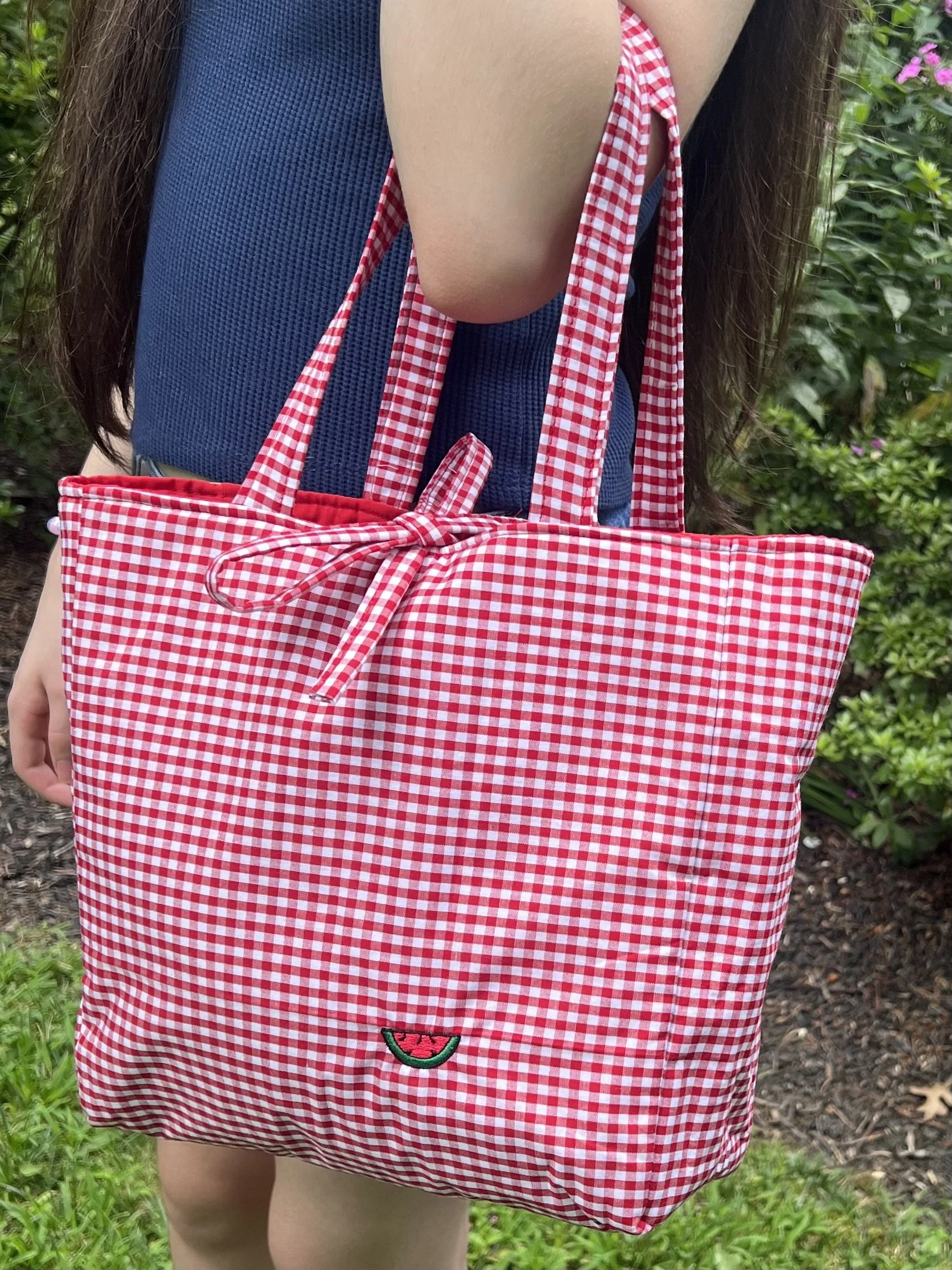 Red checked tote with an embroidered watermelon