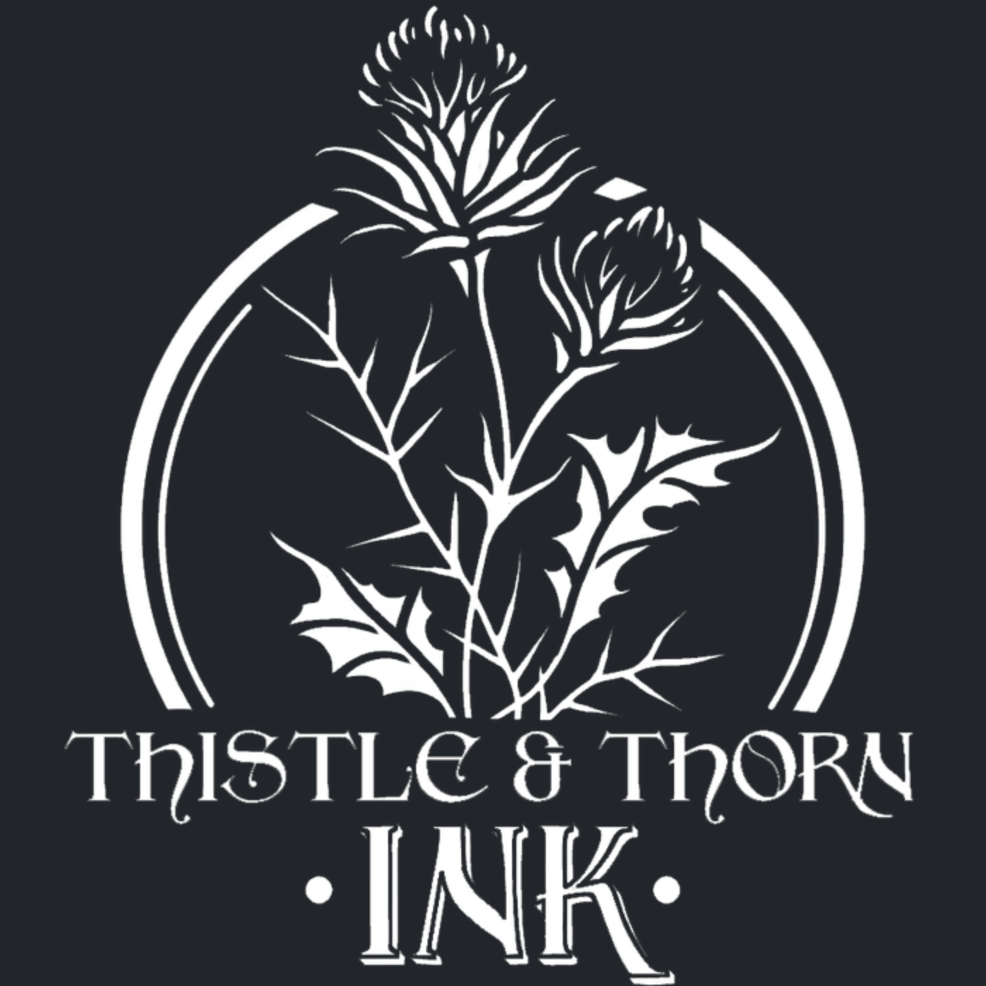 Black and white logo featuring a thistle plant with detailed leaves and two flowers, enclosed in an oval shape. Below, text reads 'Thistle & Thorn Ink' in stylized font.