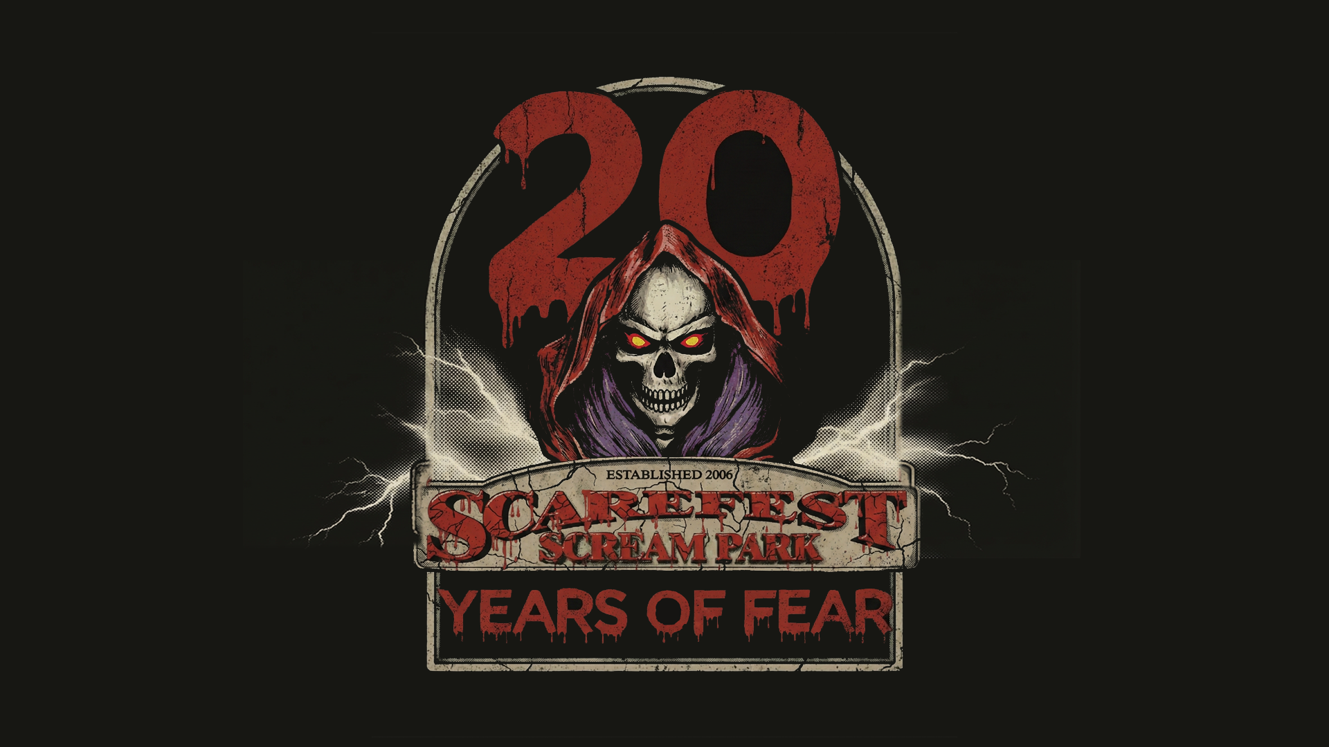 A dark-themed graphic celebrating 20 years of Scream Park horror attraction, featuring a skull with glowing yellow eyes wearing a red hood, with lightning bolts and the text "20 Years of Fear."