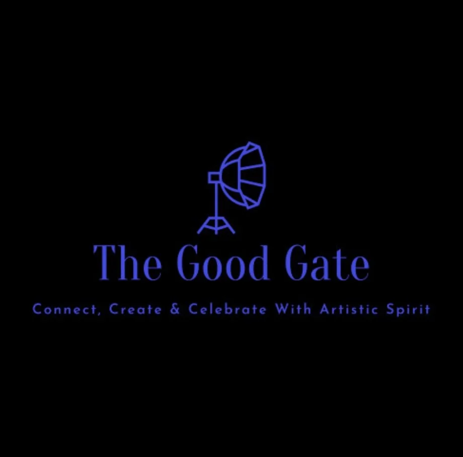 Logo for The Good Gate featuring a stylized satellite dish and the slogan, "Connect, Create & Celebrate With Artistic Spirit," on a black background.