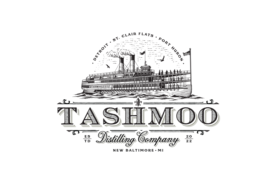 Vintage-style logo of Tashmoo Distilling Company featuring a river steamboat, with text of locations Detroit, St. Clair Flats, Port Huron, established 2022, in New Baltimore, MI.