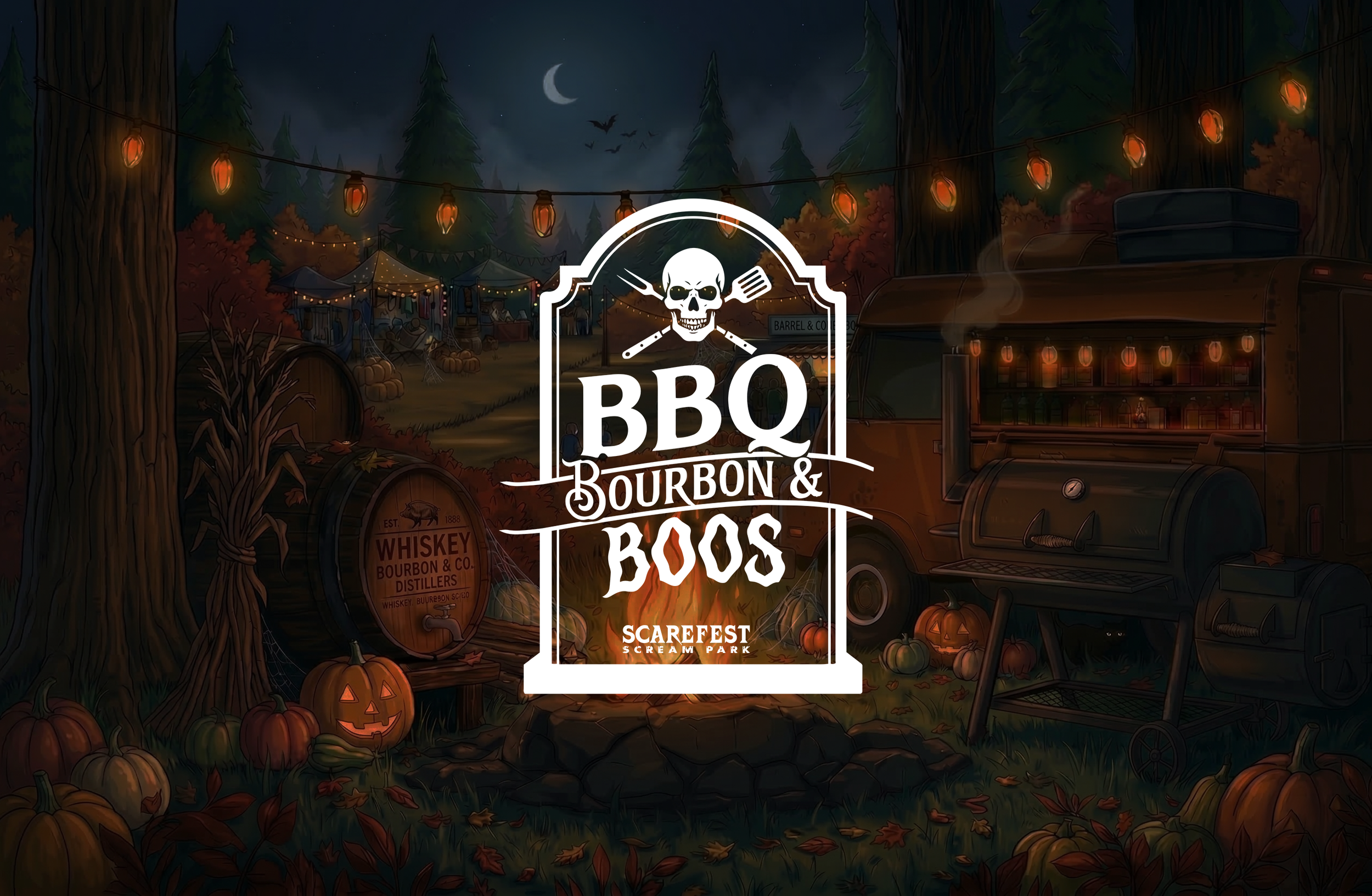 Nighttime outdoor Halloween scene with tents, pumpkins, trees, string lights, a food truck, and a sign for a spooky BBQ event featuring bourbon and boos at Scarefest Scream Park.