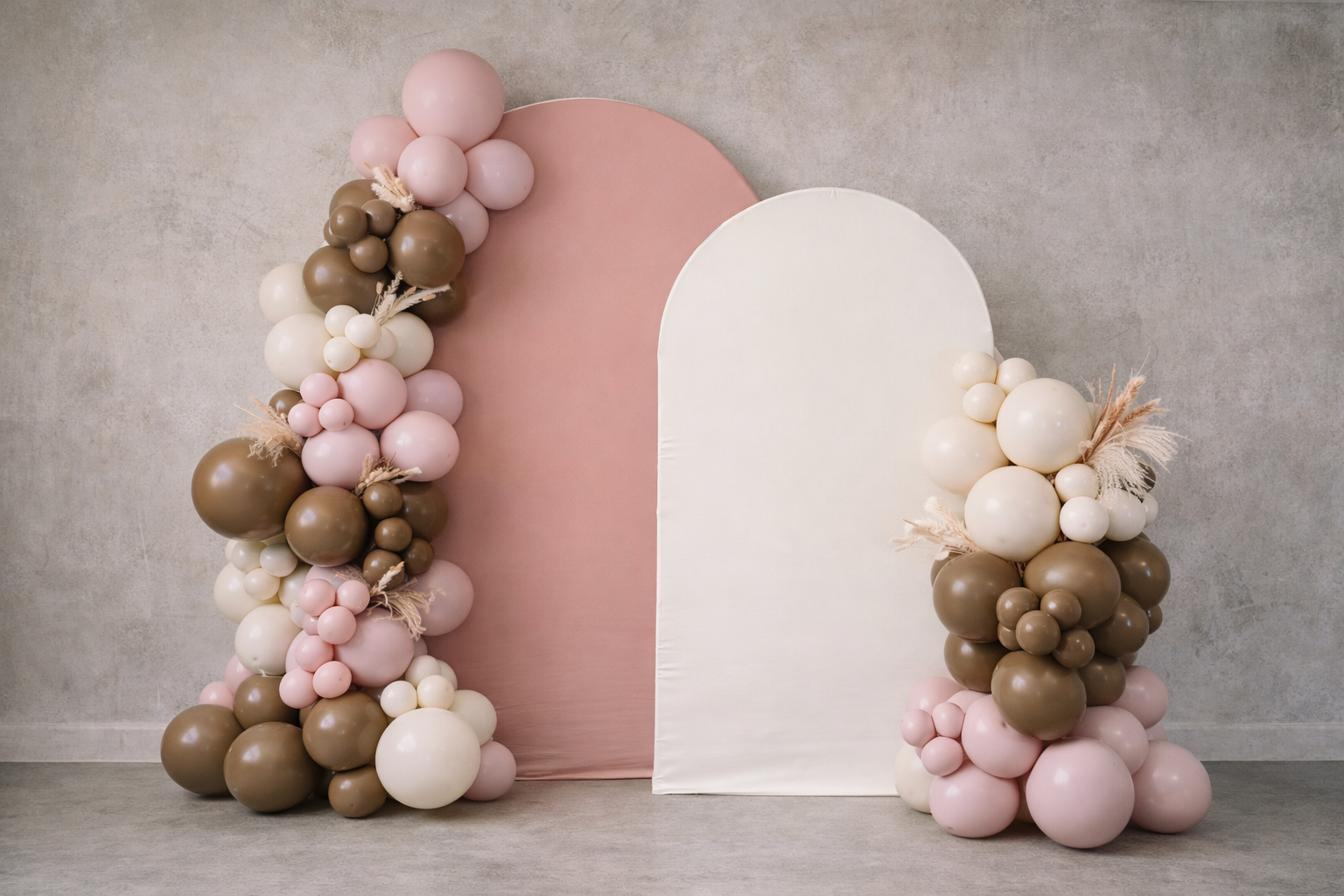 Neutral boho themed balloon design and backdrop arch design