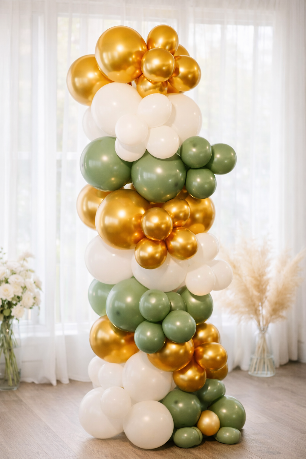 Grab and go balloon garland green, gold, neutral themed stand alone balloon column