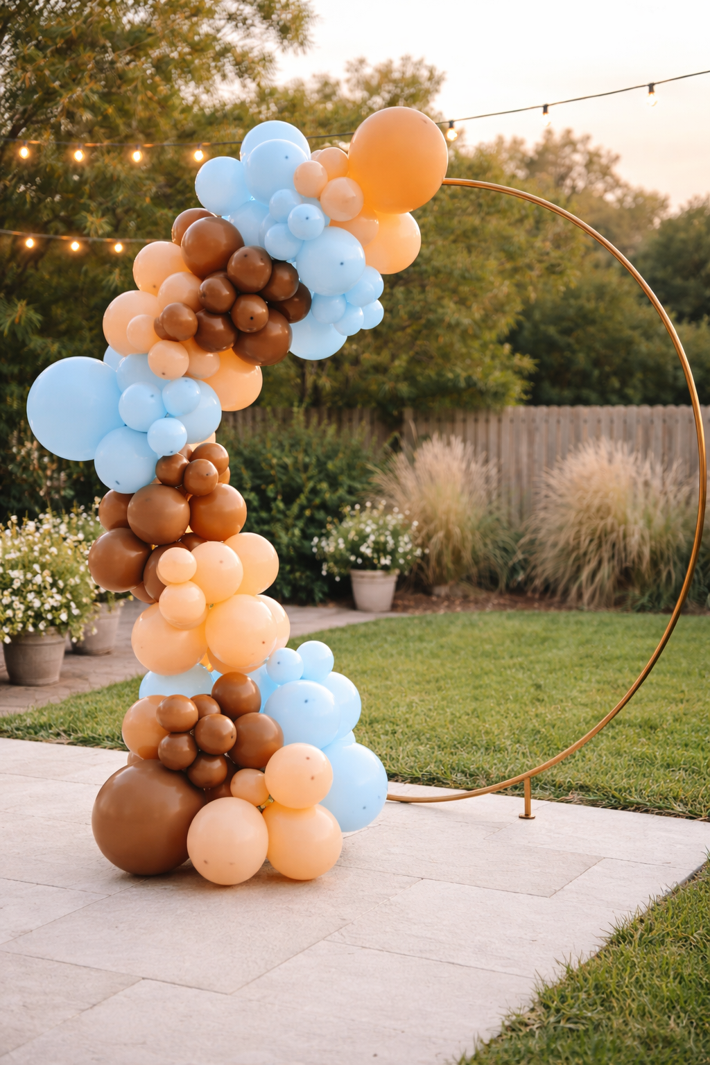 outdoor event circle arch with neutral balloon garland