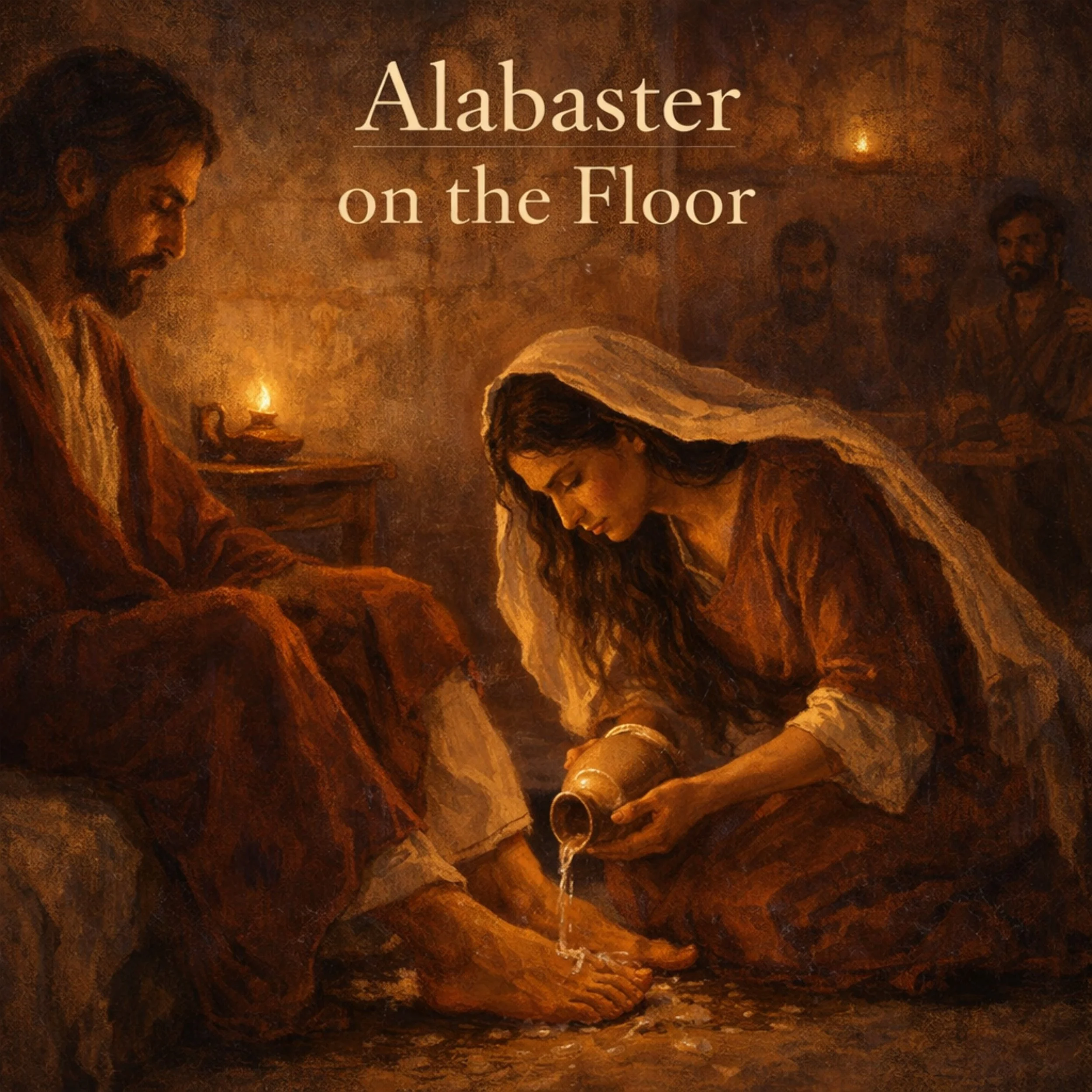 Painting  Jesus and his disciples, focusing on a woman wearing a headdress and robe pouring oil on the feet of Jesus, with warm, dark tones.