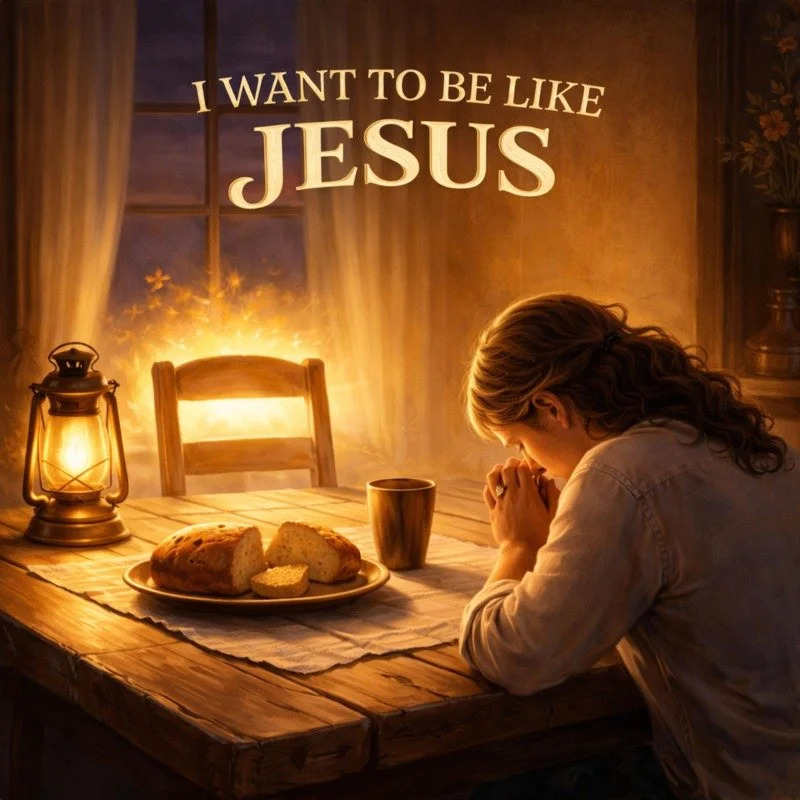 A person praying at a rustic wooden table with bread, a mug, and an oil lamp, with a window and curtains in a warmly lit room. Text above reads 'I WANT TO BE LIKE JESUS.'