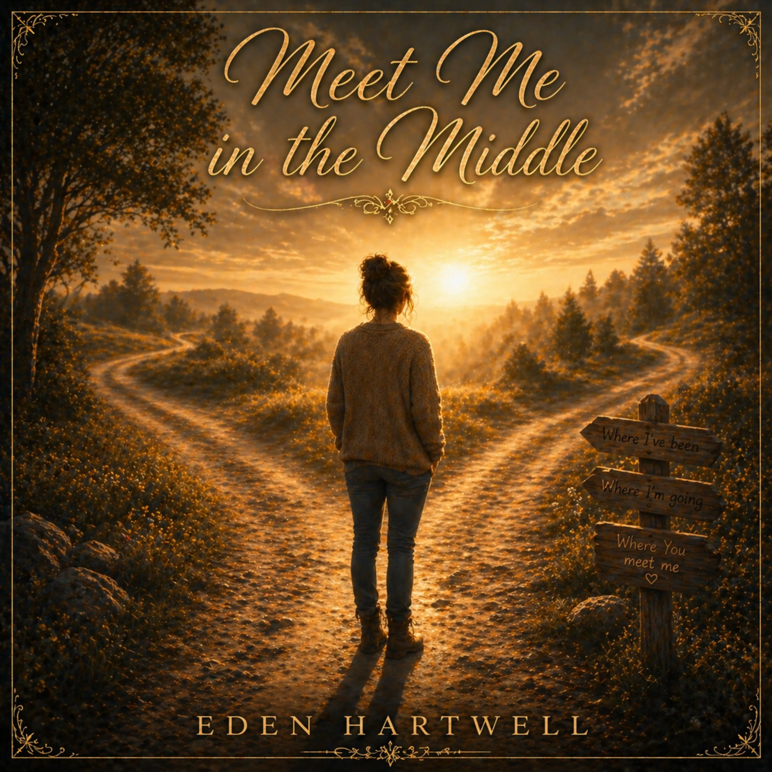 Book cover titled 'Meet Me in the Middle' by Eden Hartwell, showing a person standing on a path in a natural landscape during sunset, with trees and a sky filled with clouds.