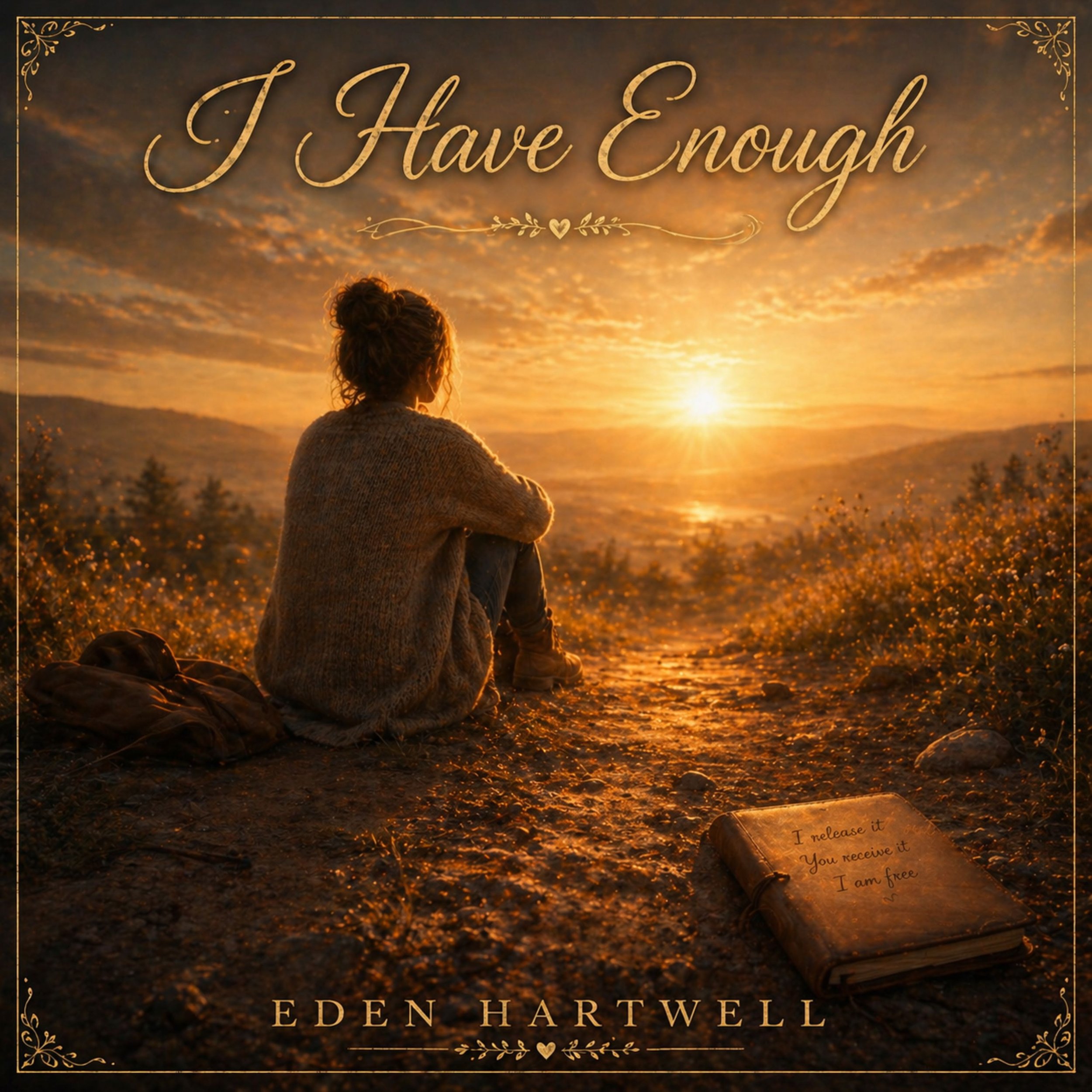 Book cover with sunset background, the title reads 'I Have Enough' and the author is Eden Hartwell. There is a woman sitting on a beach with her back to the camera, looking at the sunset. A rolled up paper with a handwritten note is on the sand.