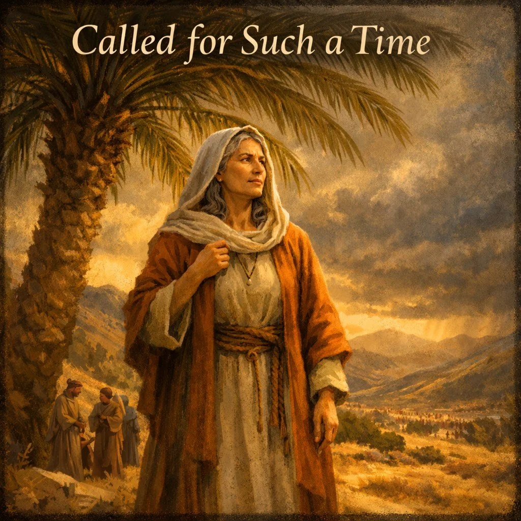 A painting of an older woman with gray hair, dressed in historical clothing, standing outdoors near a palm tree with a mountainous landscape and cloudy sky in the background. There are also smaller figures in the distance on the left side.