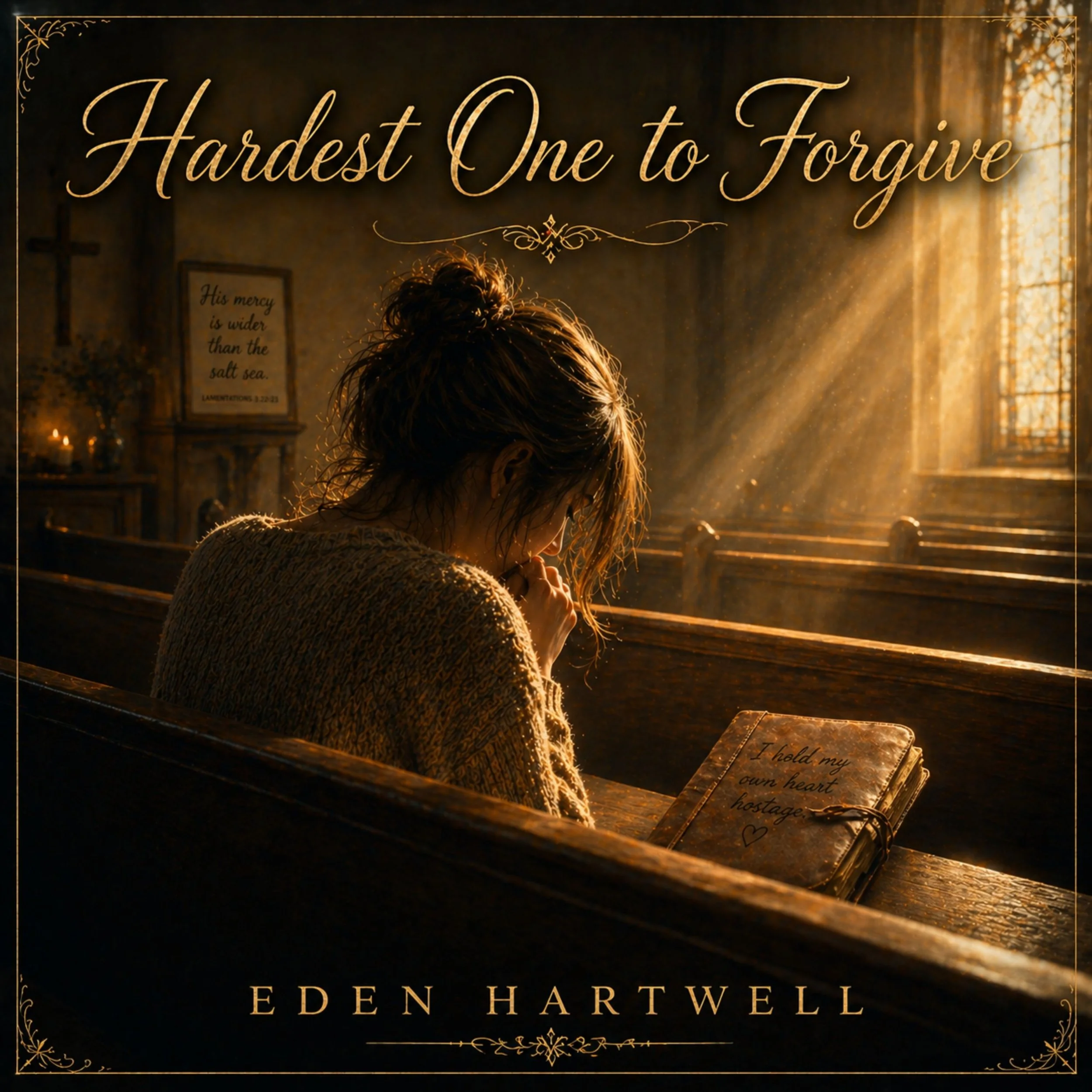 Book cover titled 'Hardest One to Forgive' by Eden Hartwell, featuring a woman with curly hair sitting in a church with sunlight streaming through the stained glass windows, and a prayer card with a quote on the side.