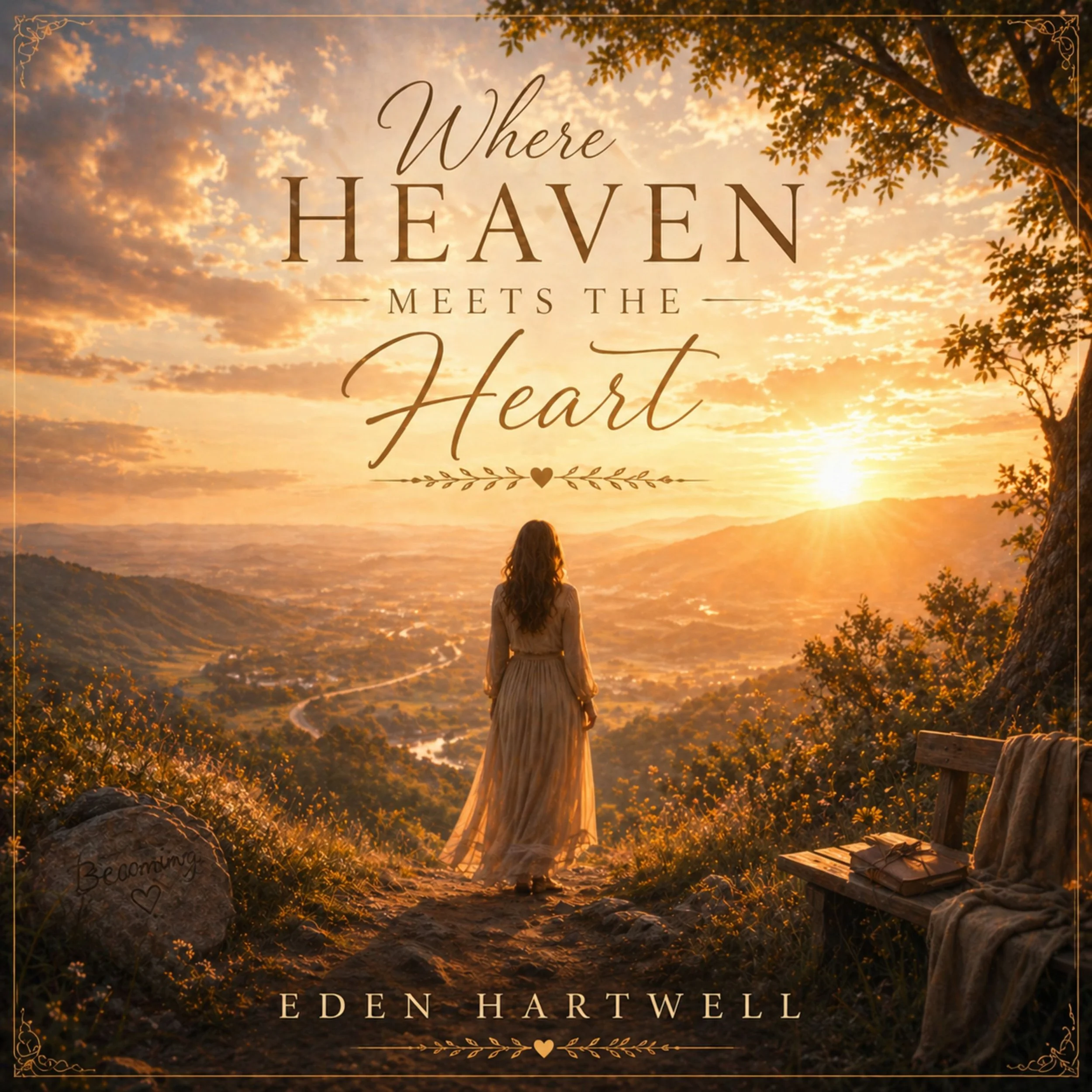 A person in a white dress standing on a hill at sunset, looking at a view of distant mountains, a river, and a partly cloudy sky with warm colors. There is a large rock with the words "Growing Beneath" and a heart symbol engraved on it, and a wooden bench near the rock.