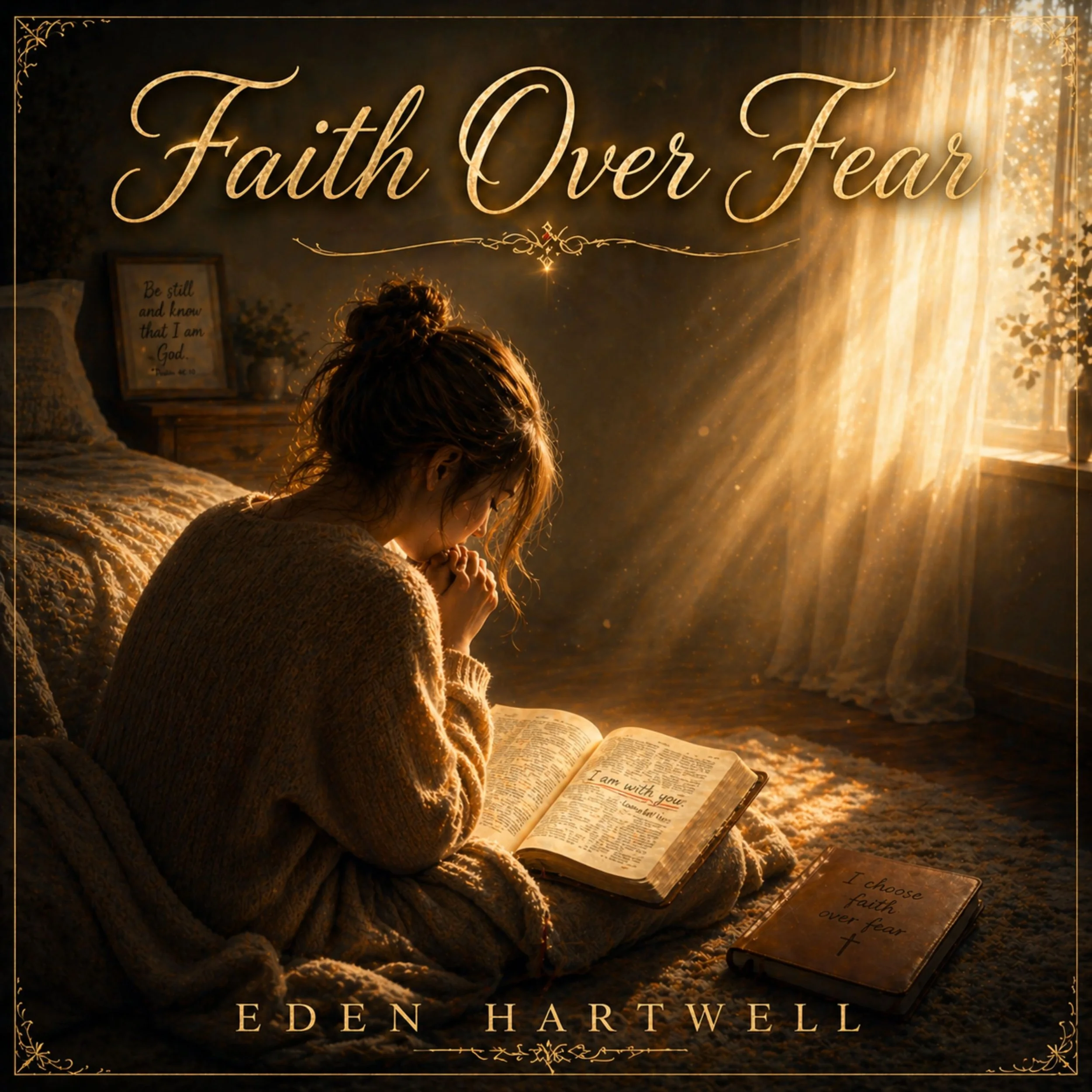 A woman with curly hair is sitting on a bed in a warmly lit room, holding a Bible open in her hands while praying. Behind her is a framed quote that says, "Be still and know that I am God." The room is decorated with floral patterns and soft lighting, creating a cozy, peaceful atmosphere.