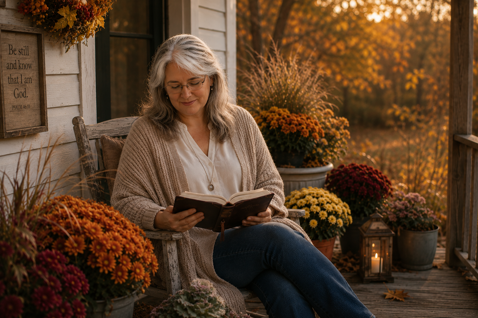 A woman with gray hair and glasses sitting on a wooden porch surrounded by potted autumn flowers, reading a book during sunset.