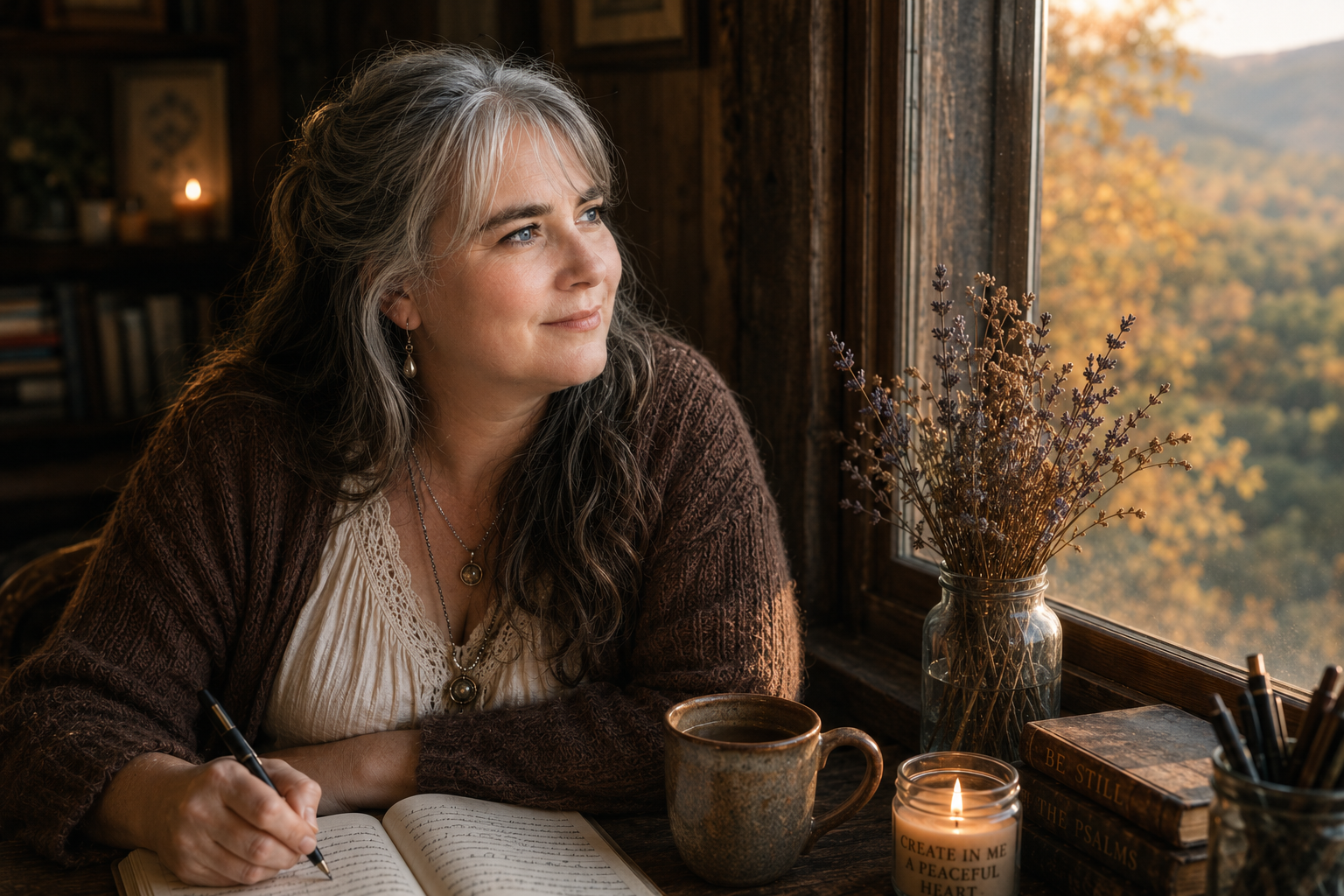 Eden Hartwell looking out the window to her left while writing