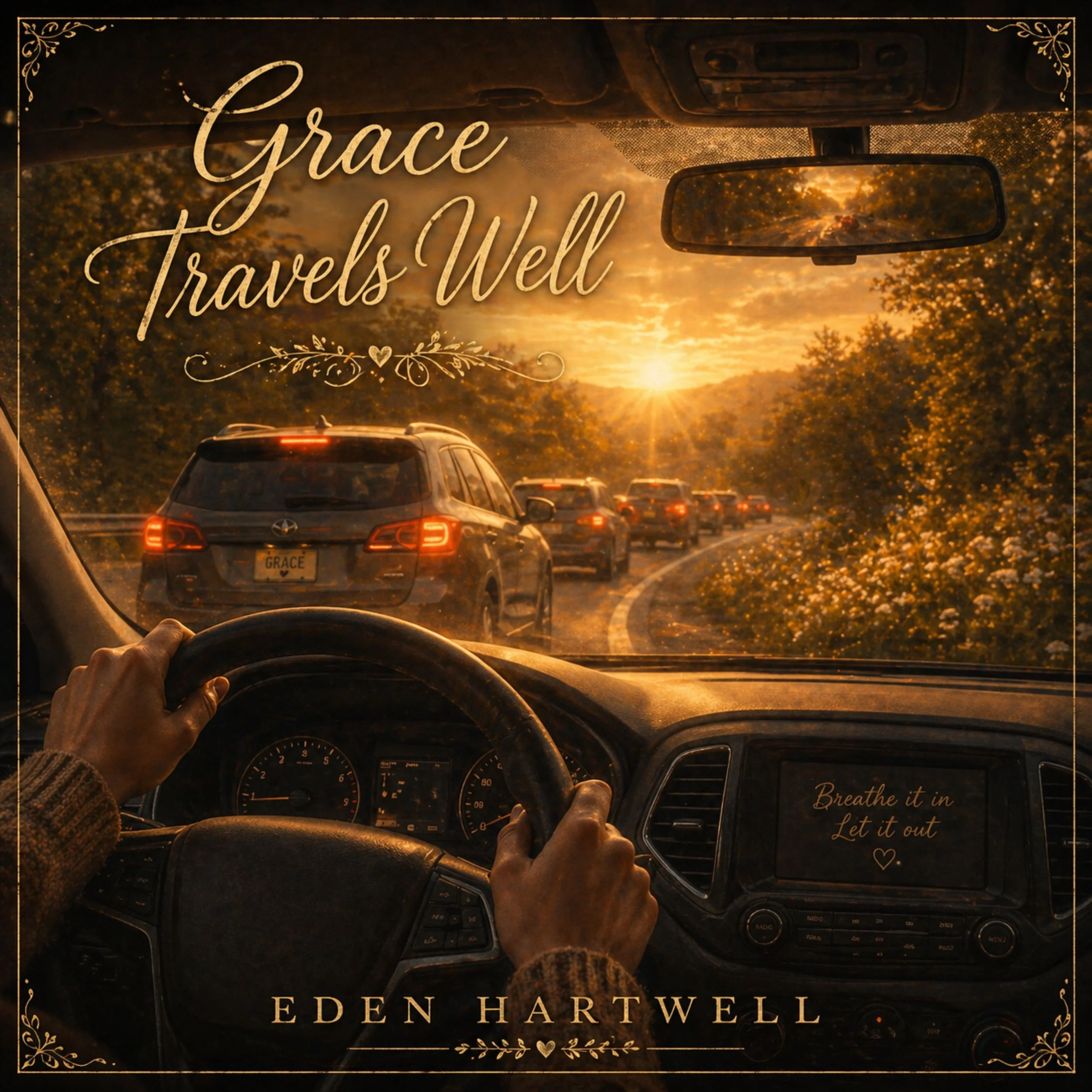 Inside a car showing the dashboard and rearview mirror with a sunset visible through the windshield. The view is from the driver's perspective, with a hand on the steering wheel. Overlaid on the image is the text 'Grace Travels Well' in cursive and decorative font, and the bottom text reads 'Eden Hartwell' with decorative elements and a small heart.