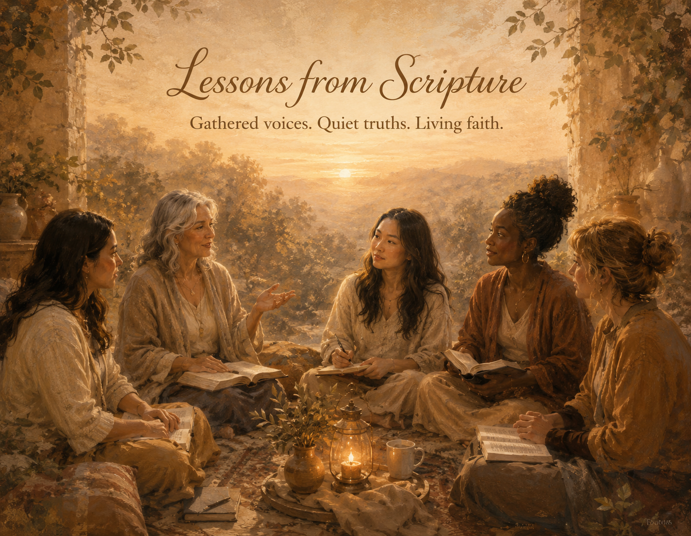 Five women sitting cross-legged on a rug, engaged in a discussion with books and notebooks, in a cozy, sunlit room with a view of a sunset over trees.