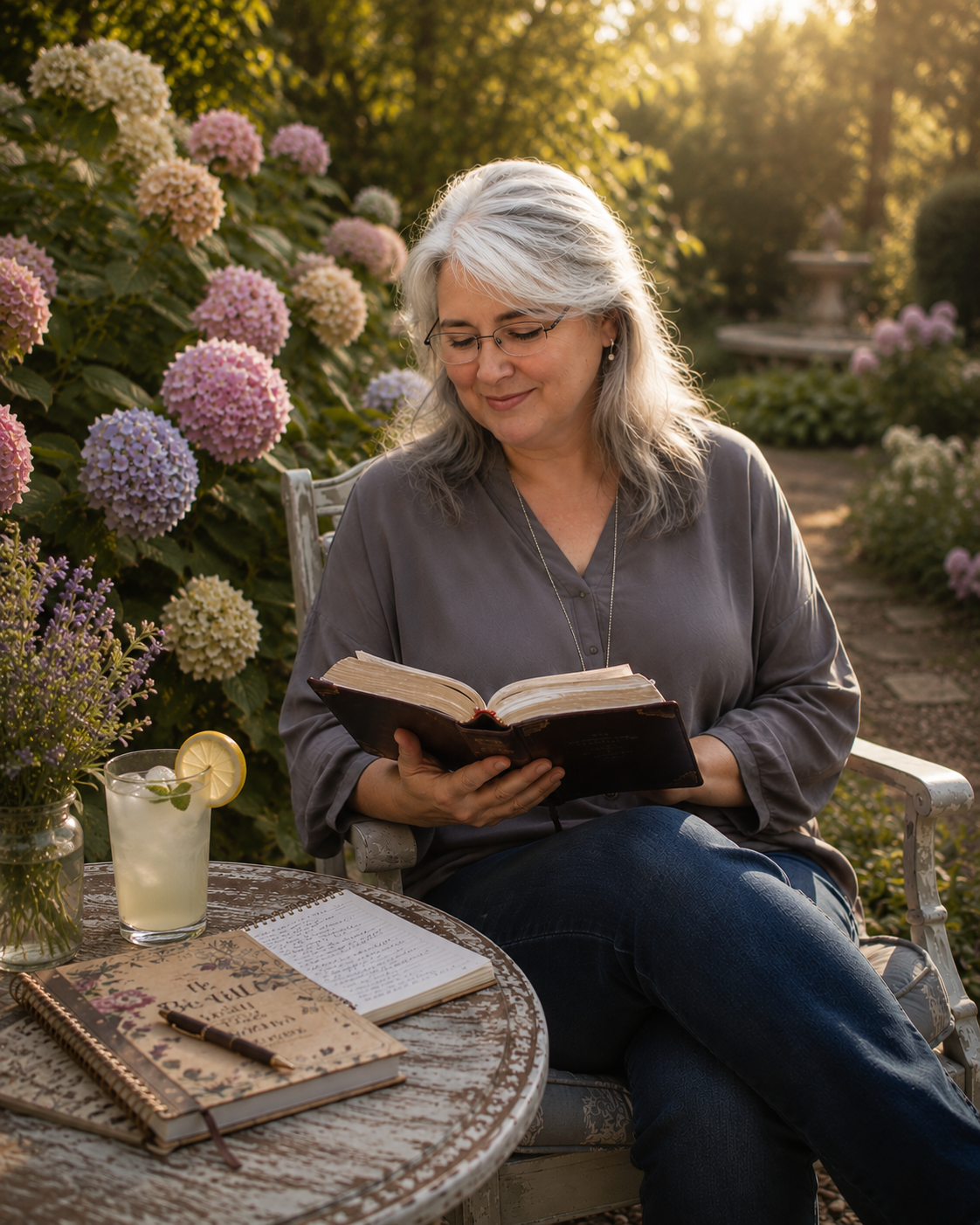 An older woman with gray hair and glasses sits on a white garden bench, reading a book. She is outdoors in a garden filled with purple, pink, and cream hydrangea flowers, with sunlight filtering through trees. A small table in front of her holds a glass of lemonade with a lemon slice and mint, two notebooks, and a pen.