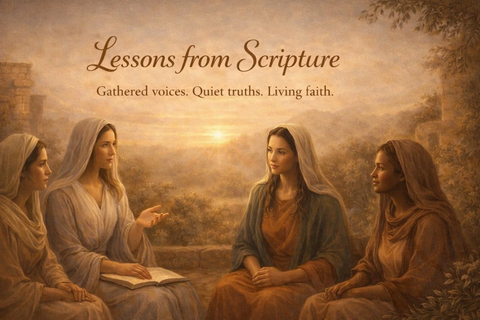 Painting of four women dressed in biblical robes sitting outside during sunset, with text "Lessons from Scripture" and "Gathered voices. Quiet truths. Living faith."