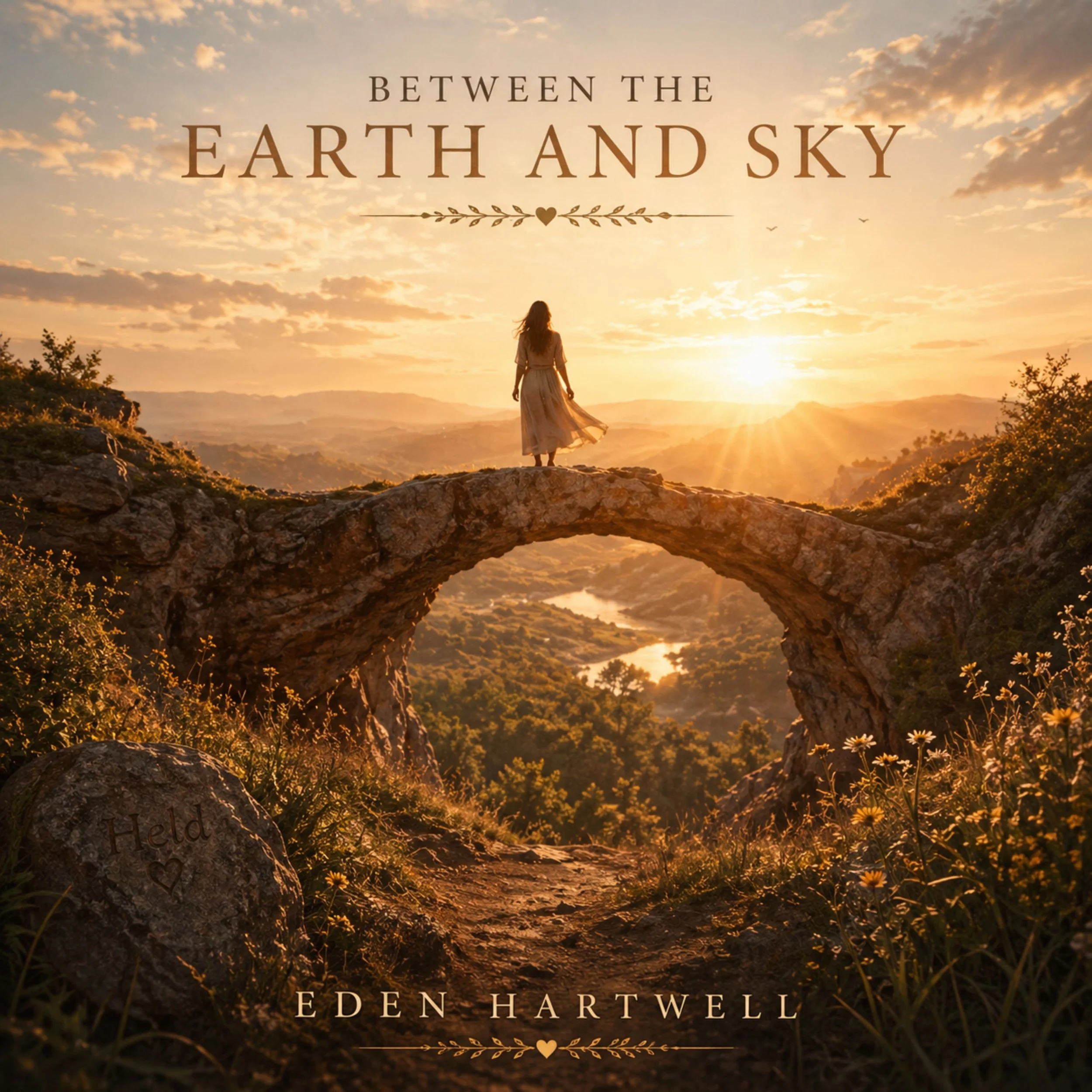 Cover of a book titled 'Between the Earth and Sky' by Eden Hartwell, with a sunset in the background, a woman standing on a rocky outcrop, and a natural landscape with trees and mountains.