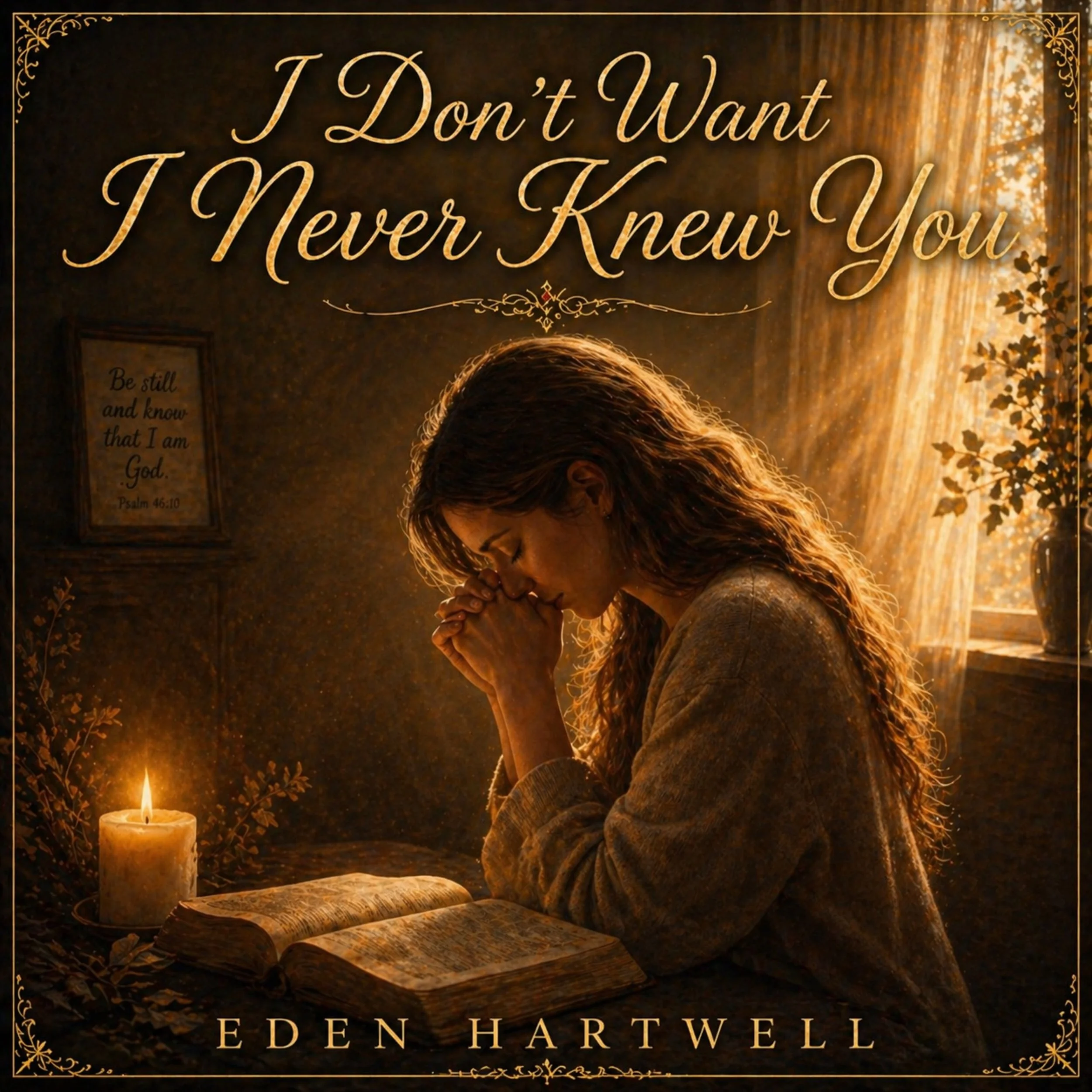 Book cover featuring a woman praying with a candle on a table, glowing light surrounding her, and the title 'I Don't Want I Never Knew You' by Eden Hartwell.