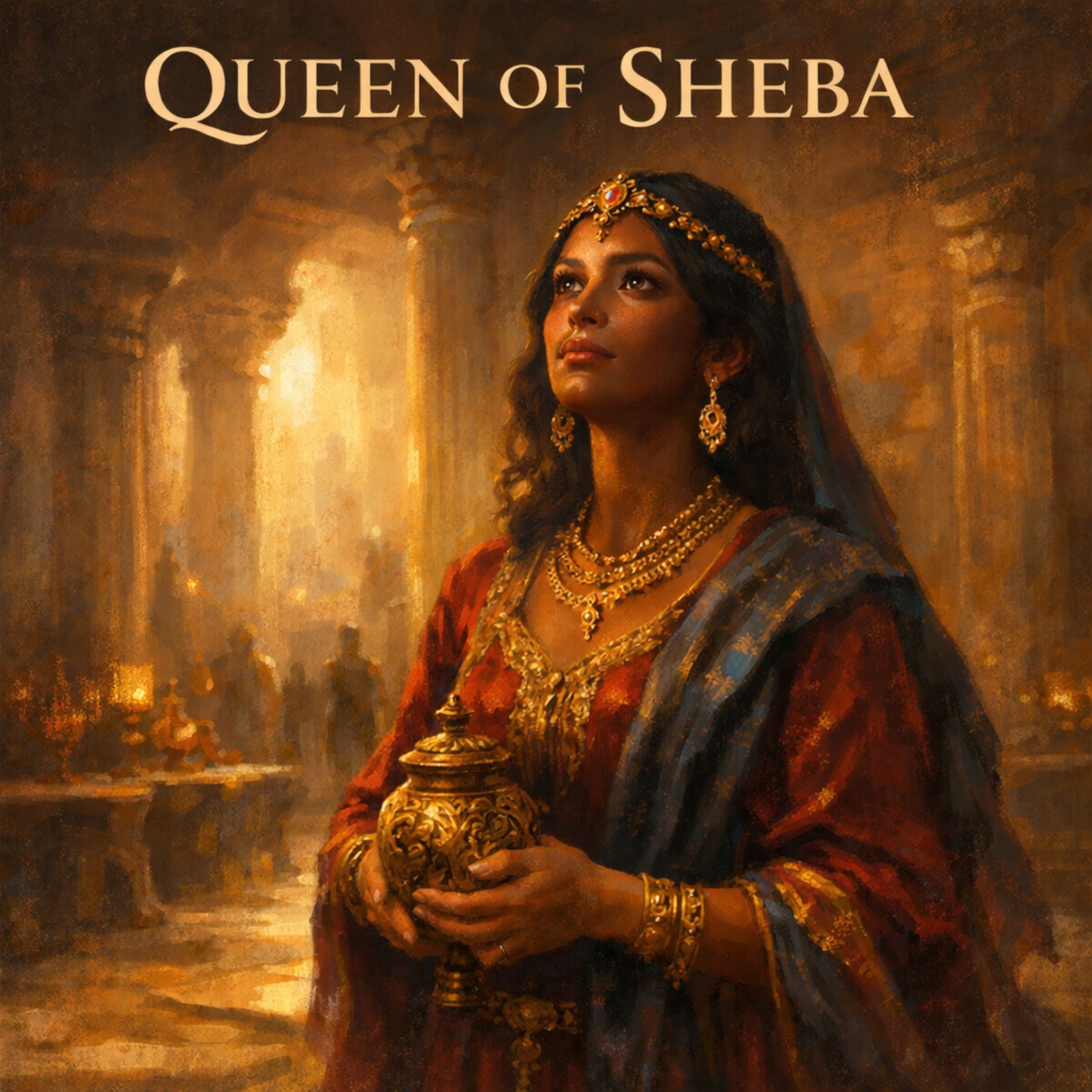 Painting of a woman dressed in traditional royal attire with jewelry, holding a golden object, with the words 'Queen of Sheba' at the top.