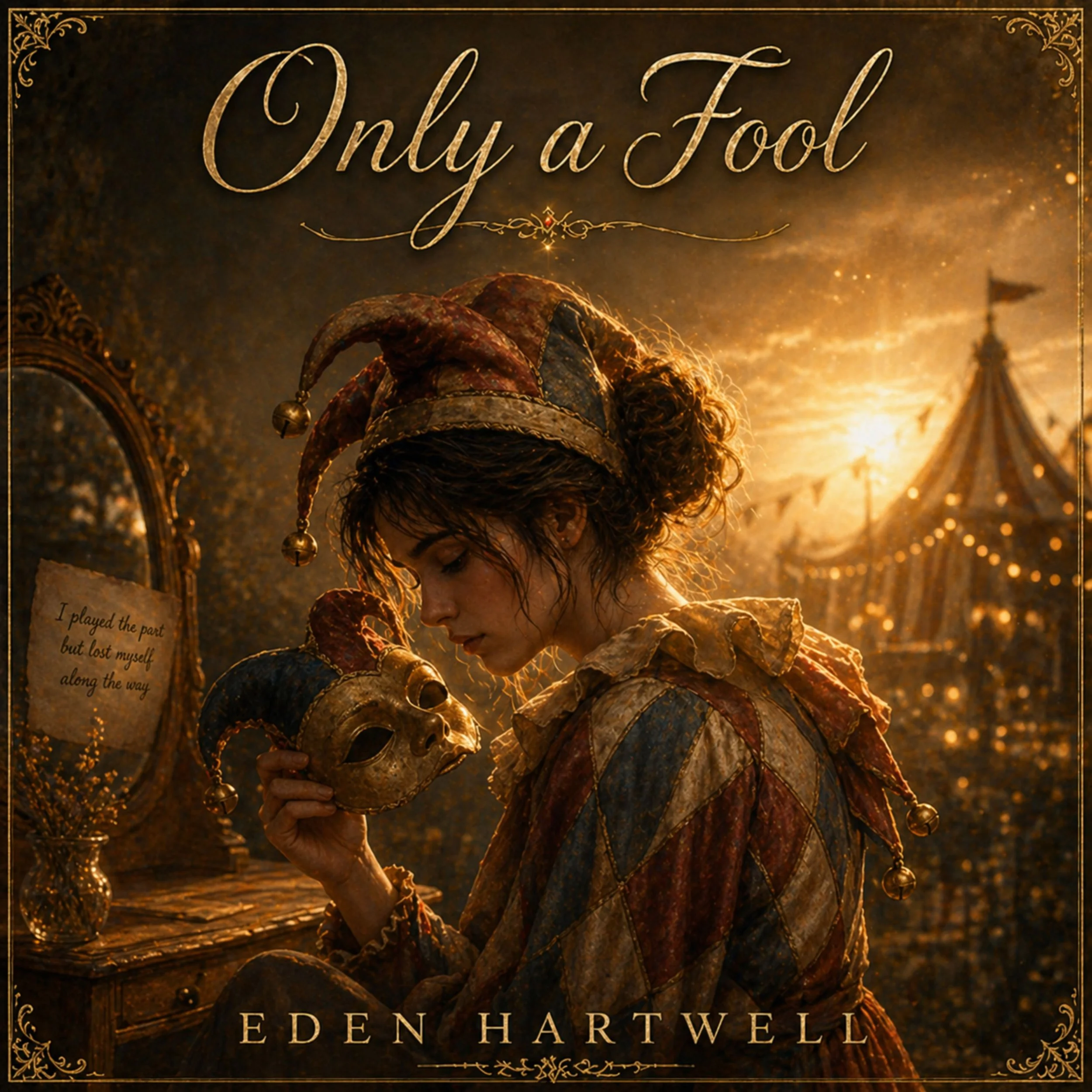 Book cover titled 'Only a Fool' by Eden Hartwell, featuring a woman in a jester costume holding a gold mask, with a dark background and ornate gold borders.
