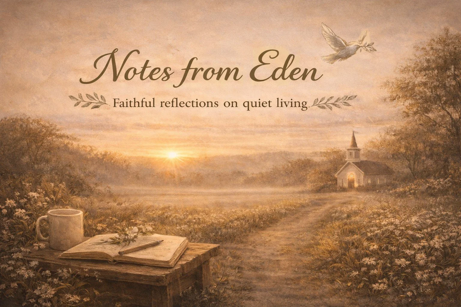 A peaceful landscape with a dirt path leading to a small church in the distance, surrounded by trees and flowers. An open notebook, pen, and mug are on a wooden table in the foreground, with a bird flying above at sunrise or sunset.