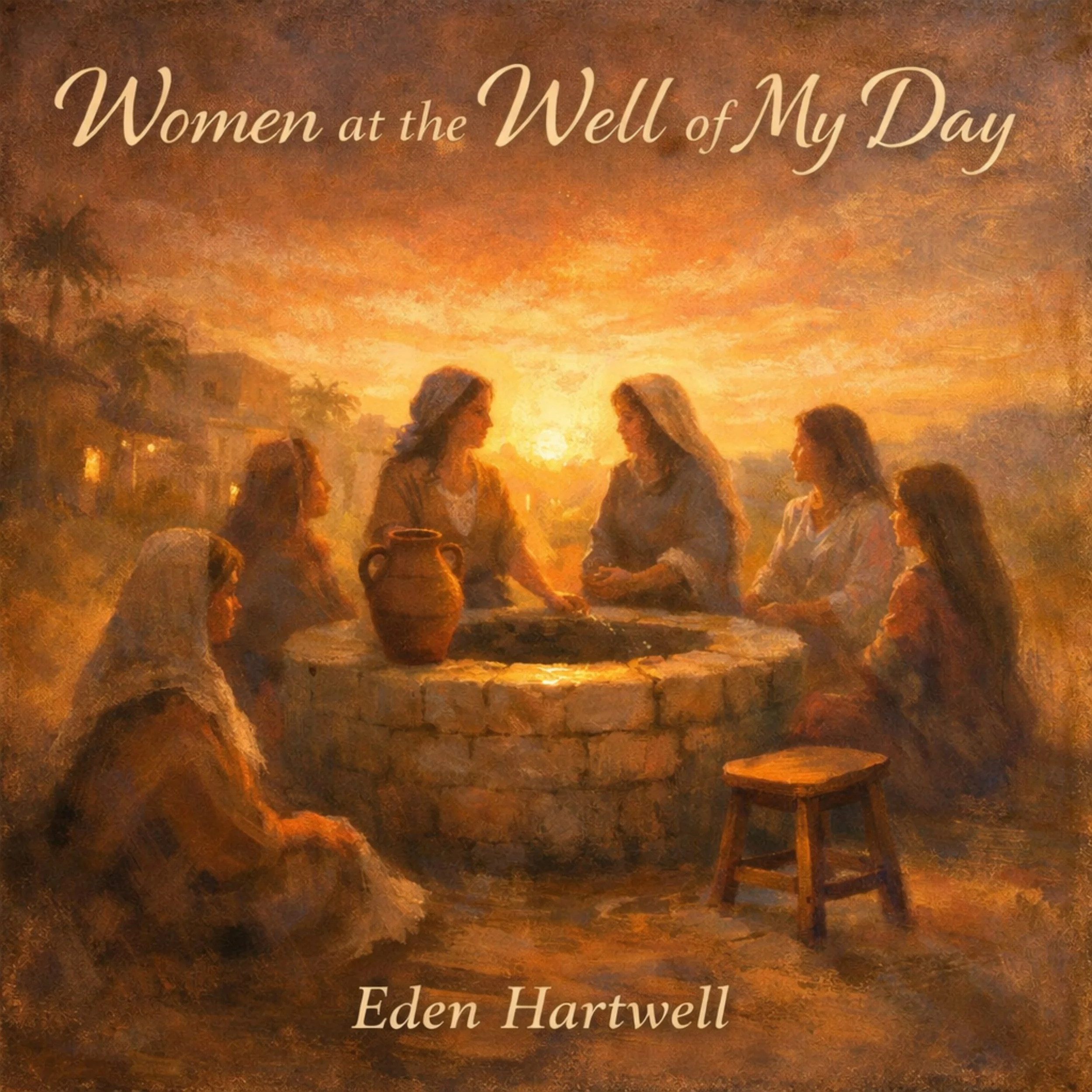 Book cover titled 'Women at the Well of My Day' by Eden Hartwell, showing a painting of women gathered around a well during sunset, engaging in conversation.