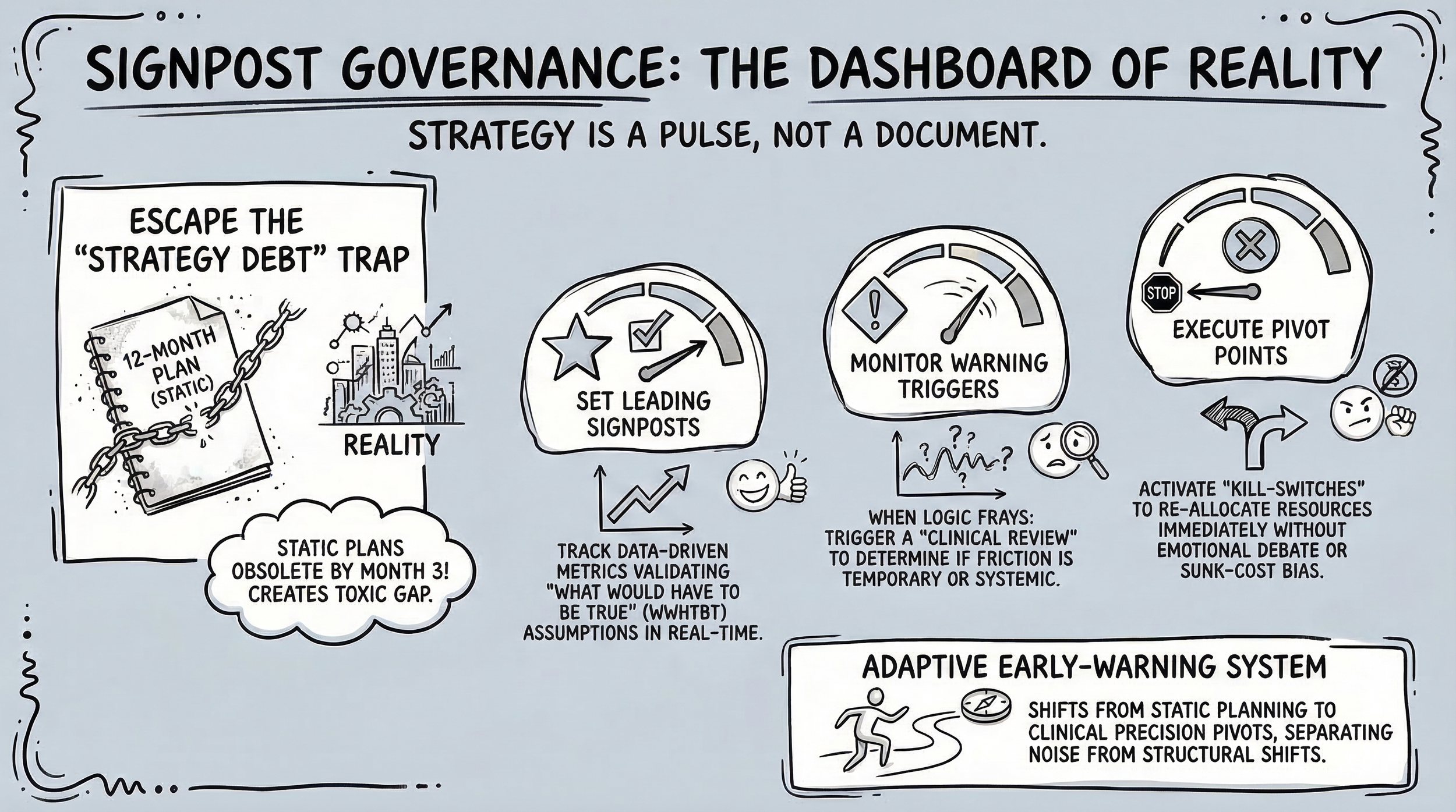 A diagram explaining governance as a dynamic process rather than a static document. It includes steps like setting leading signposts, monitoring warning triggers, and executing pivot points. Emphasizes a strategy that adapts based on real-time data and clinical review to re-allocate resources efficiently.