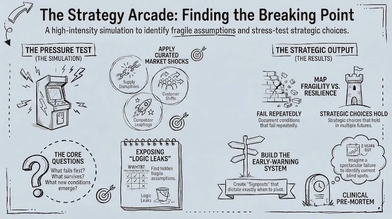 Diagram explaining the strategy arcade for identifying fragile assumptions and stress-testing strategic choices, including pressure tests, application of market shocks, core questions, exposing logic leaks, early-warning systems, and clinical pre-mortem analysis.