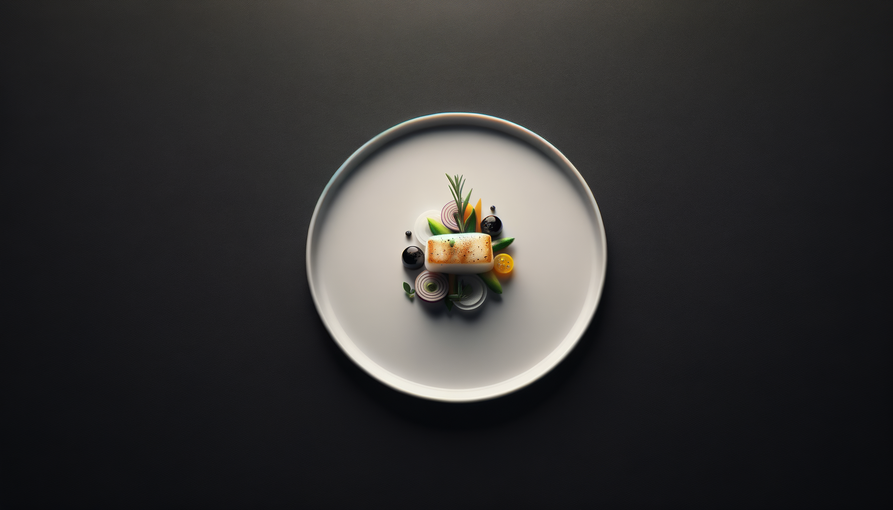 Elegant plated dish with a rectangular piece of fish, garnished with herbs, vegetables, and sauces on a white plate centered on a black background.