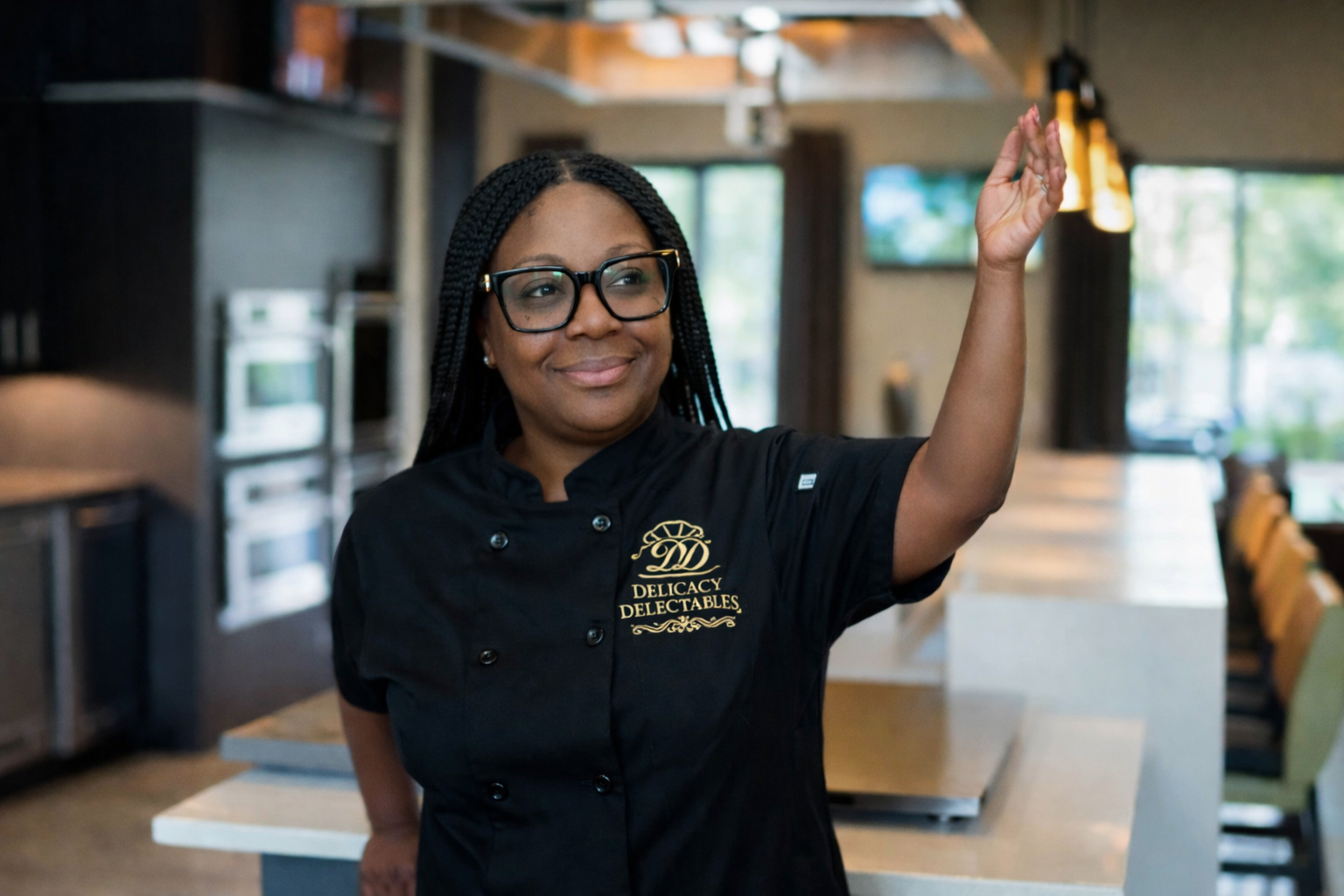 Woman chef smiling and waving in a restaurant kitchen